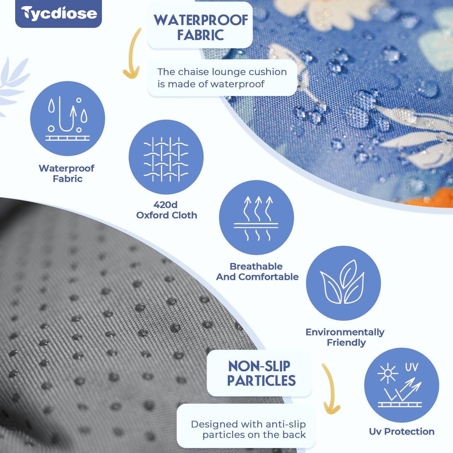 Tycdiose Waterproof Outdoor Chaise Lounge Chair Cushion 74.4 x 22 x 4.7 Inches Memory Foam Lounge Chair Cushions for Outdoor Furniture with Ties, Thickened Pool Lounge Chair Cushion, Blue Floral