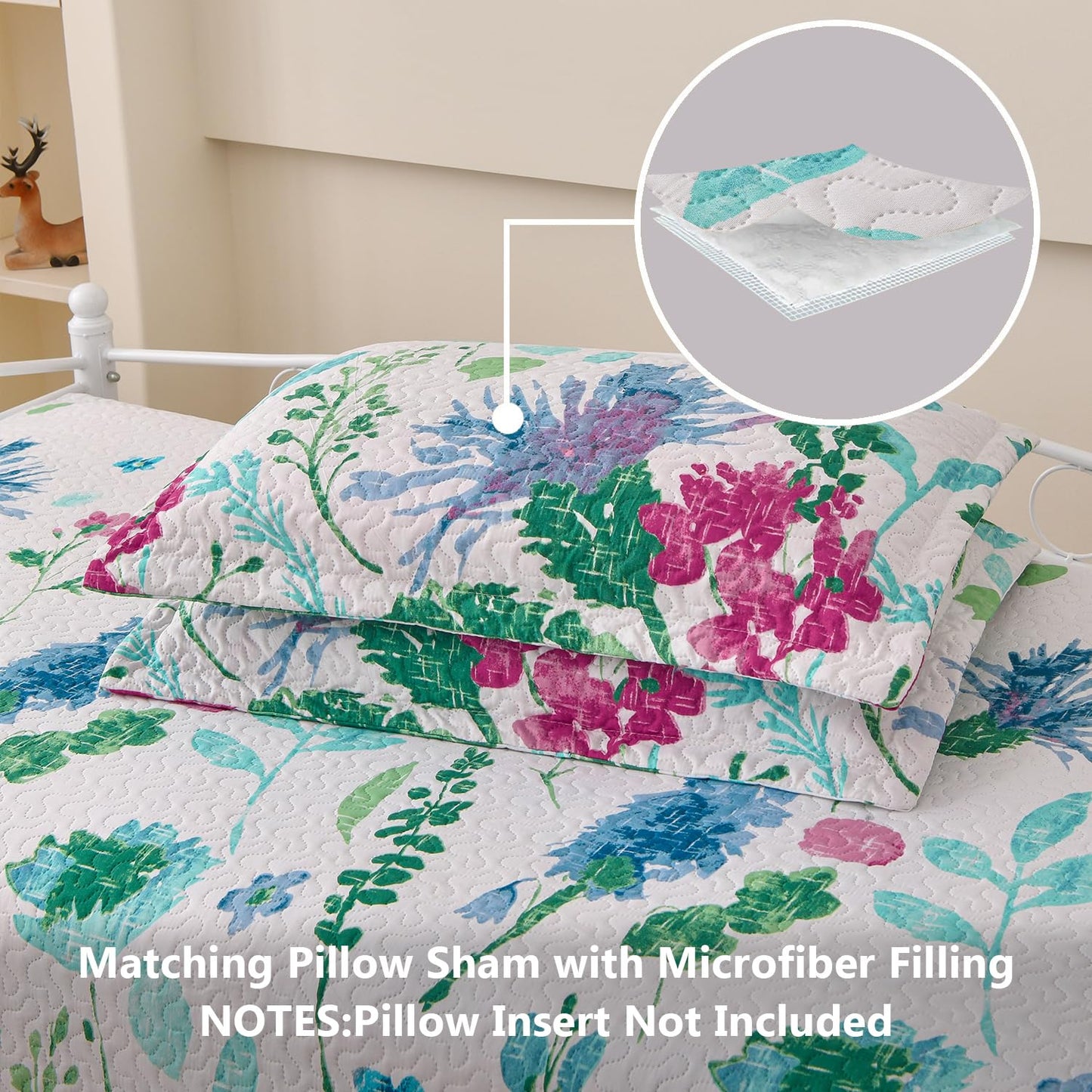 Jarson 3 Pcs Floral Daybed Cover Set Twin Size Purple Green White Flower Sofa Cover Bedding Sets Double Side Bed Set for All Season Botanical Pattern Daybed Quilt Set with Pillow Shams