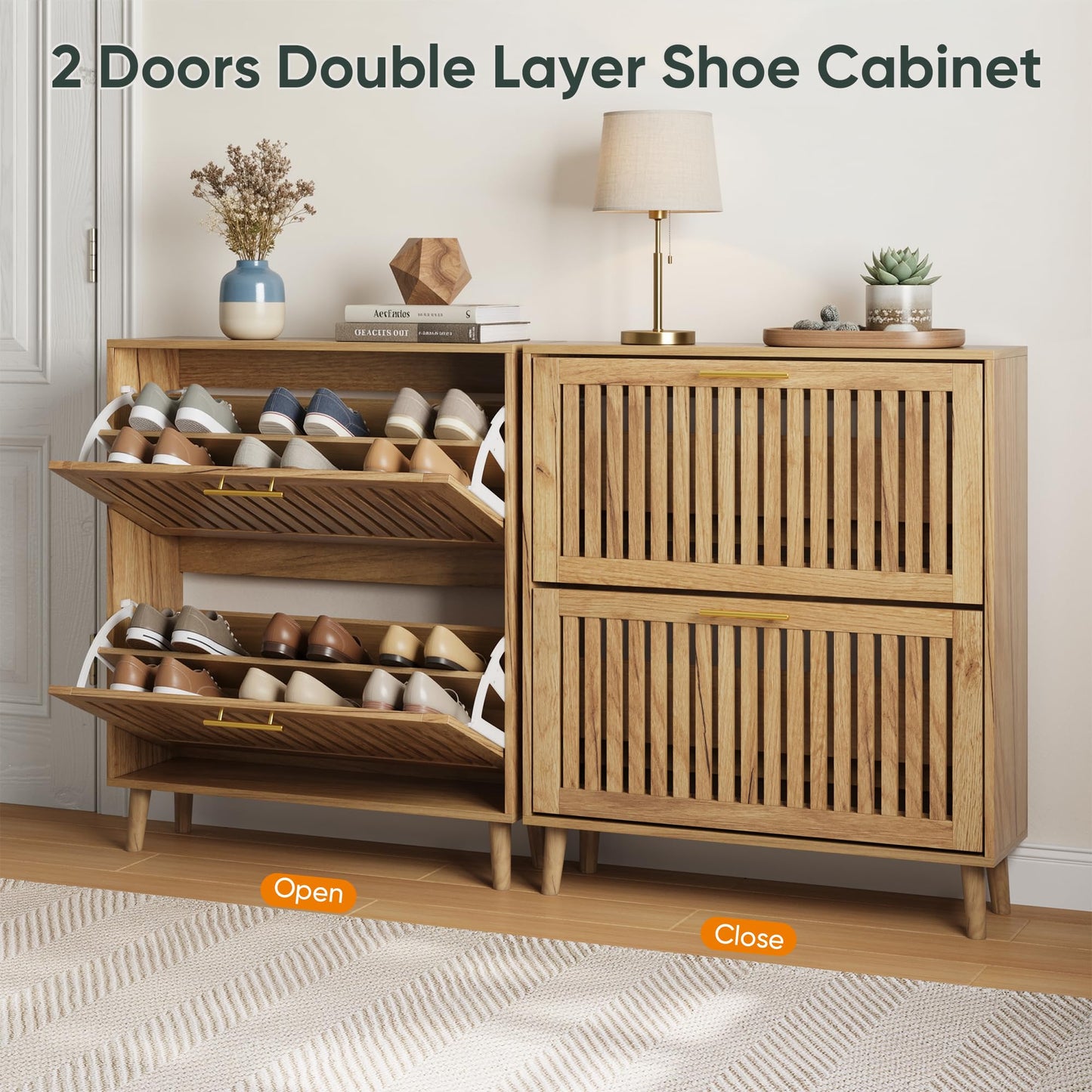 Smart FENDEE Shoe Storage Cabinet with 2 Flip Slatted Drawers, Narrow Freestanding Shoe Cabinet with Gold Handle, Hidden Entryway Shoe Organizer for Hallway, Foyer, Natural