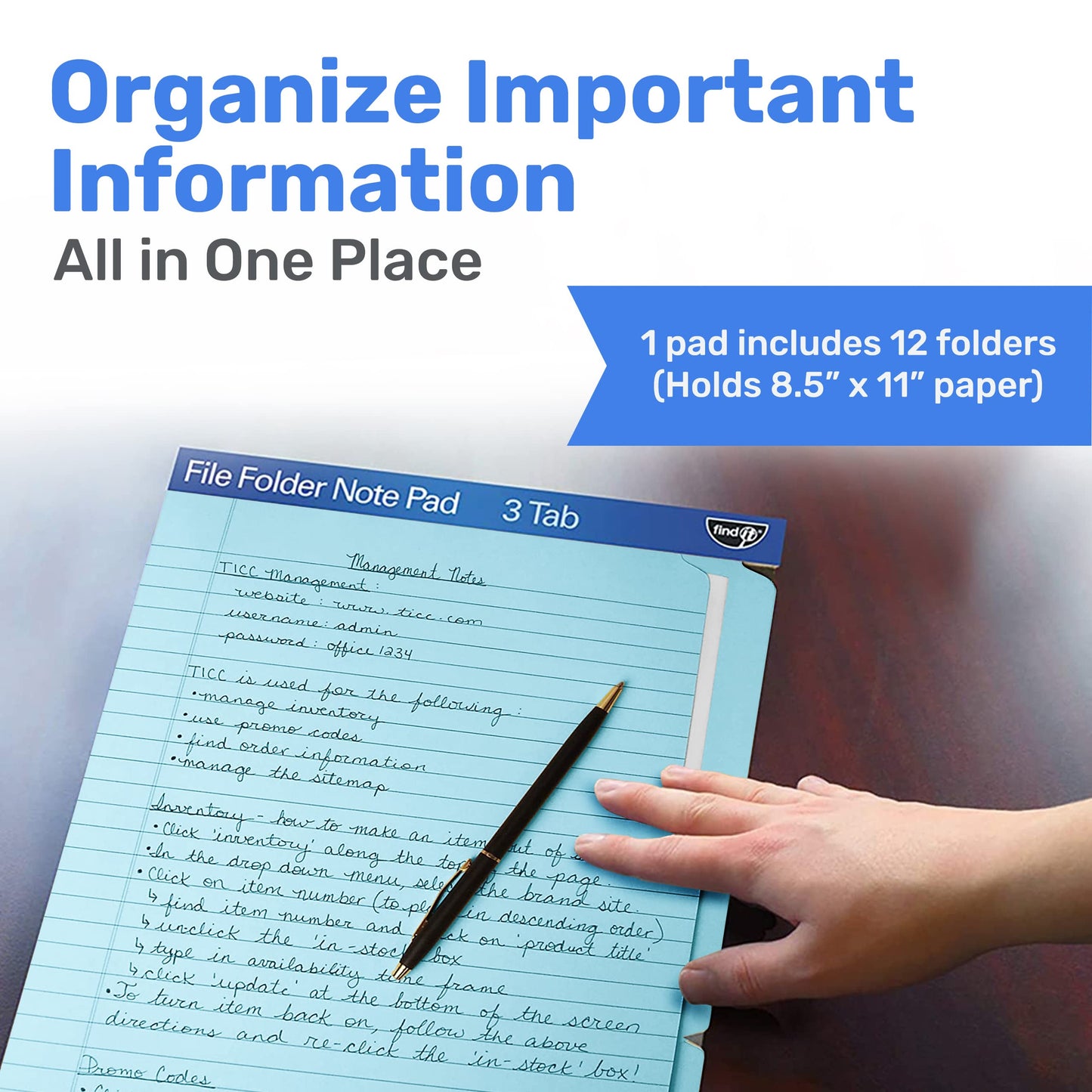 Find It File Folder Notepad - Pack of 12-9.5 x 12.5 Inch Notebook Organizer Folders for Filing, Document, and Clipboard Organization - Blue