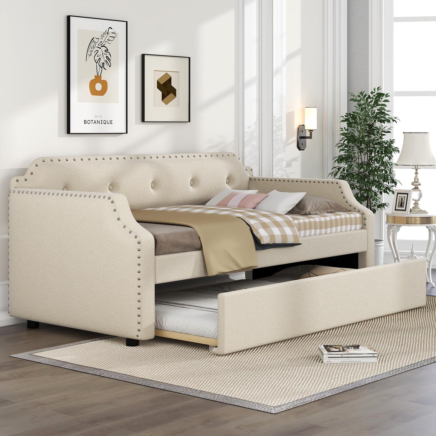 Upholstered Daybed with Trundle, Daybed Couch with Nailhead Decor and Button Tufted Design, Trundle Day Bed with Wood Slat Support, Mid Century Daybed for Living Room, Bedroom, Both Twin Size (Beige)