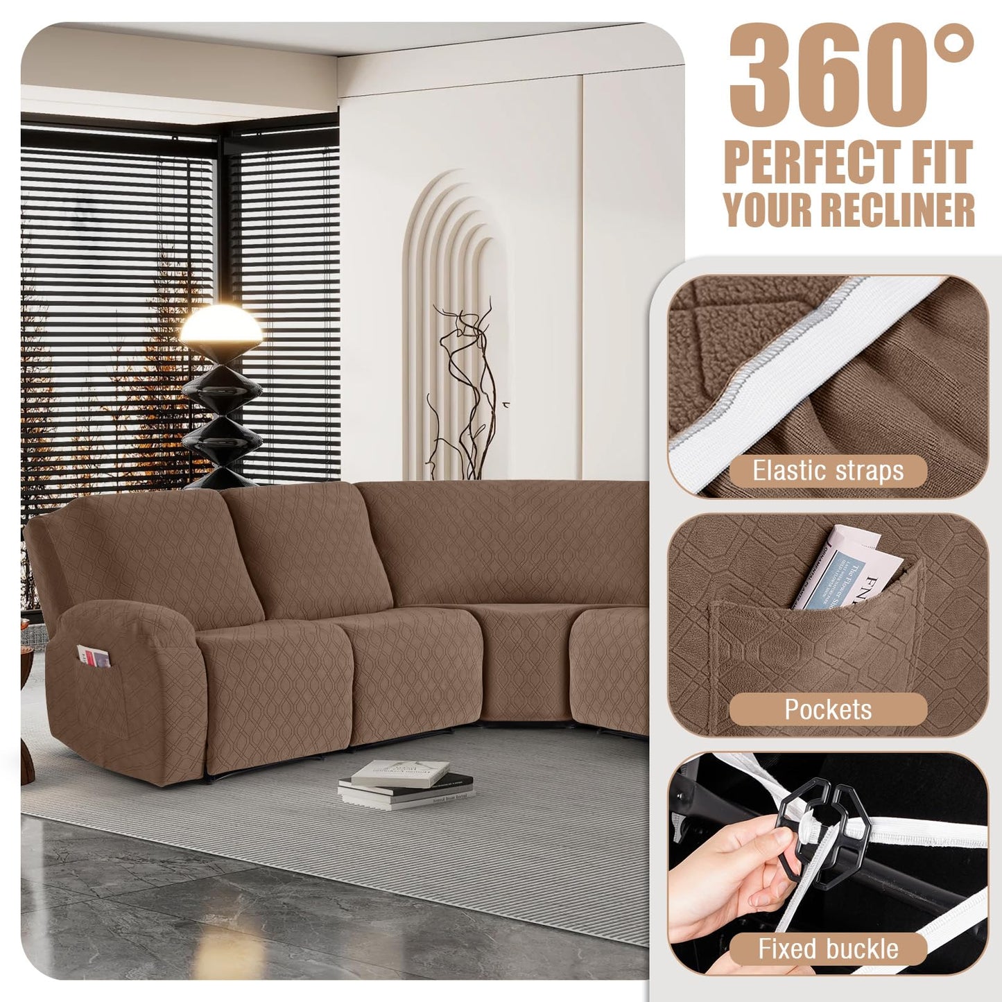 VANSOFY Extra Large Reclining Sectional Couch Covers, Washable 5-Piece Sofa Covers for L Shape Sectional Sofa Corner Seater, Thick, Soft Sofa Slipcovers (5 Seat Recliner Cover, Light Coffee)