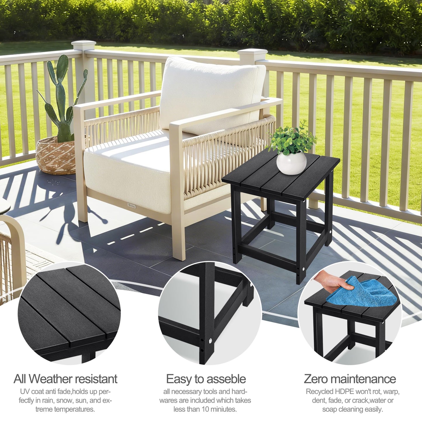 LZRS Square Patio Side Table, Heavy Duty HDPE Outdoor End Table with Wood Texture, Weatherproof Composite Table for Adirondack Chairs, Deck, Pool, Indoor/Outdoor, No Peeling or Cracking(Black)