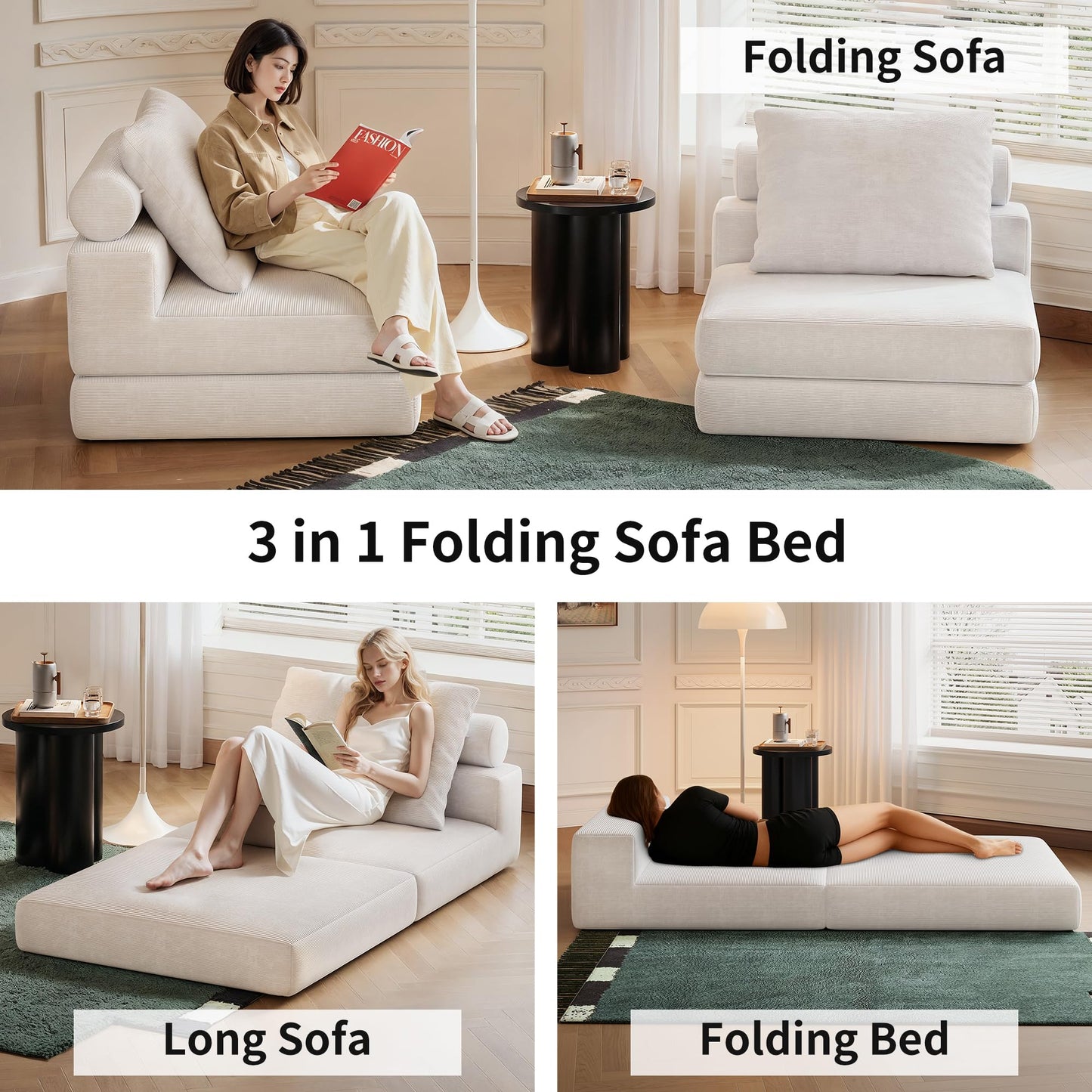Lumbershed Folding Sofa Bed, 3-in-1 Convertible Sleeper Chair Bed with Pillows, Foldable Floor Couch with High-Density Foam, Futon Small Boneless Couch for Living Room Bedroom Lounge, Single, White