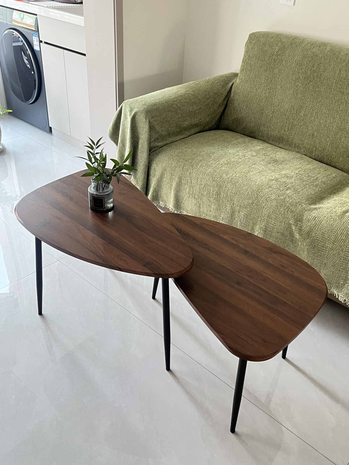 Nesting Coffee Table Set of 2 Coffee Tables Nesting Tables for Living Room Wooden Small Table Triangle Walnut Mid-Century Modern