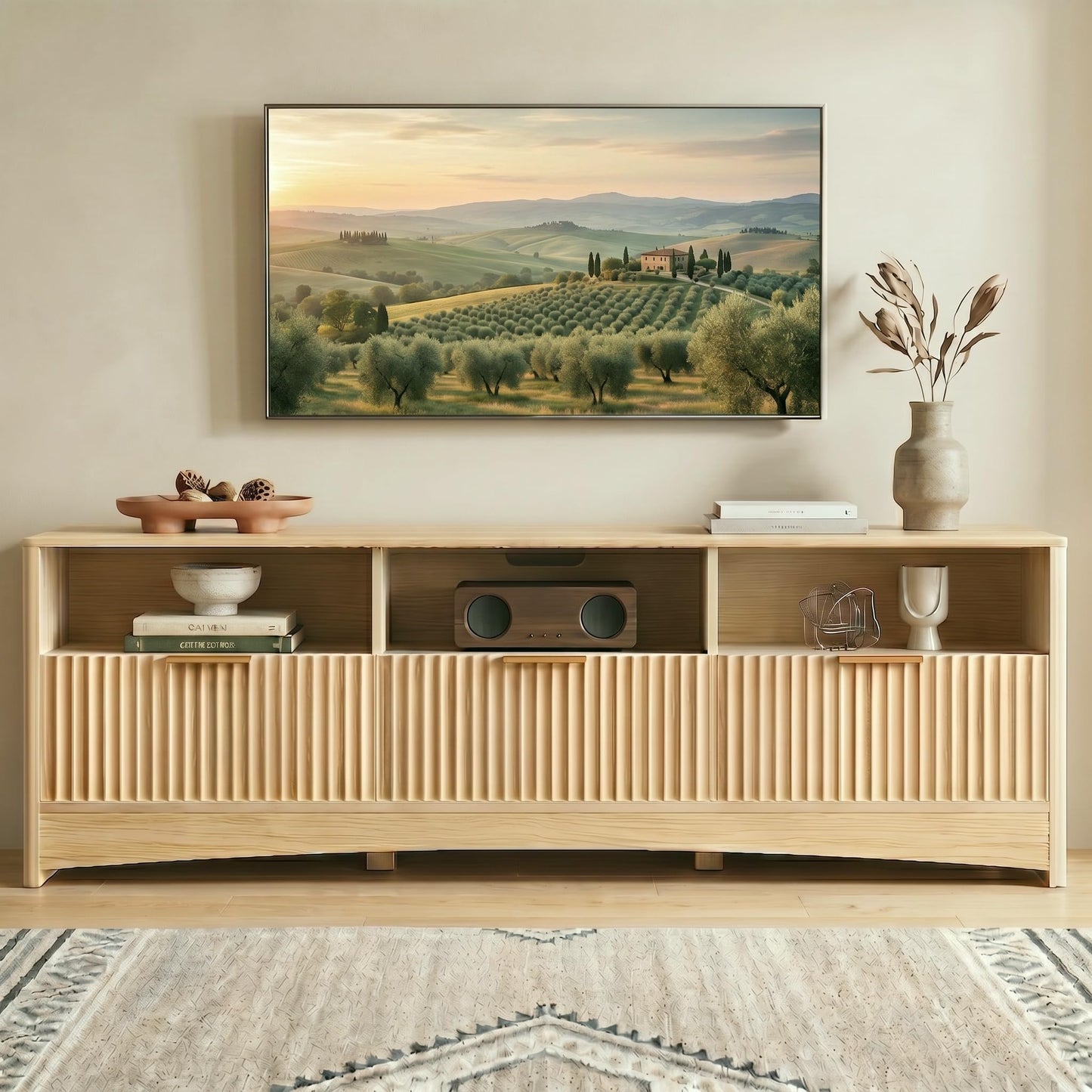 Marsail Fluted TV Stand for 65 inch TV, Modern Entertainment Center with Drawers, Boho TV Stands Wood Media Console Cabinet with Storage and Shelves, TV Consoles for Living Room, Bedroom, Oak