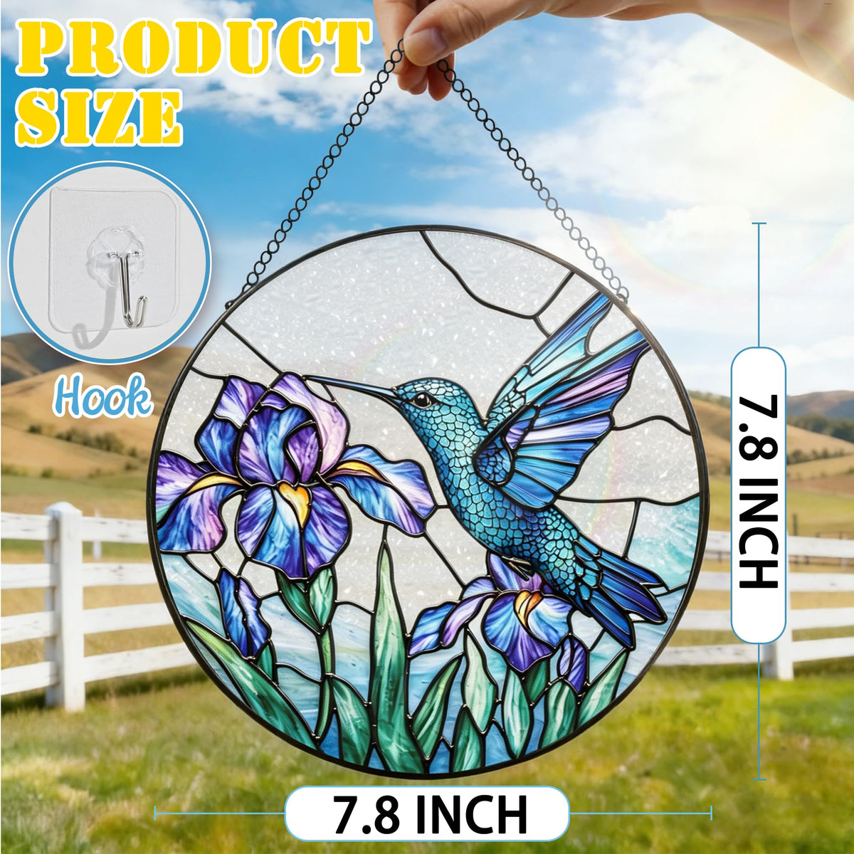 Stained Glass Window Hanging, 7.8 Inch Hummingbird and Iris Flower Stained Glass Suncatcher Ornament, Sun Catchers Indoor Window Decor, Nature Lover Gift, Gifts for Women: Wife, Mom & Grandma