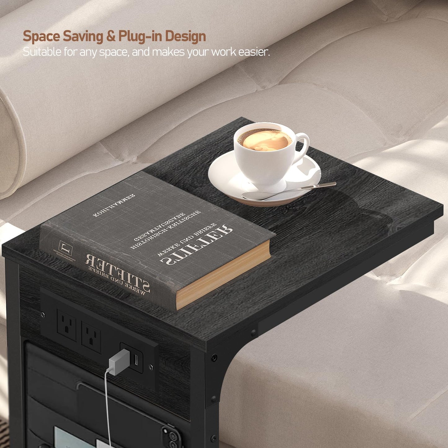 TUTOTAK C Shaped End Table with Charging Station, Side Table for Sofa, Couch Table with Storage Bag, TV Tray Table with 2 USB Ports and Outlets for Living Room, Bedroom, TB01BY024