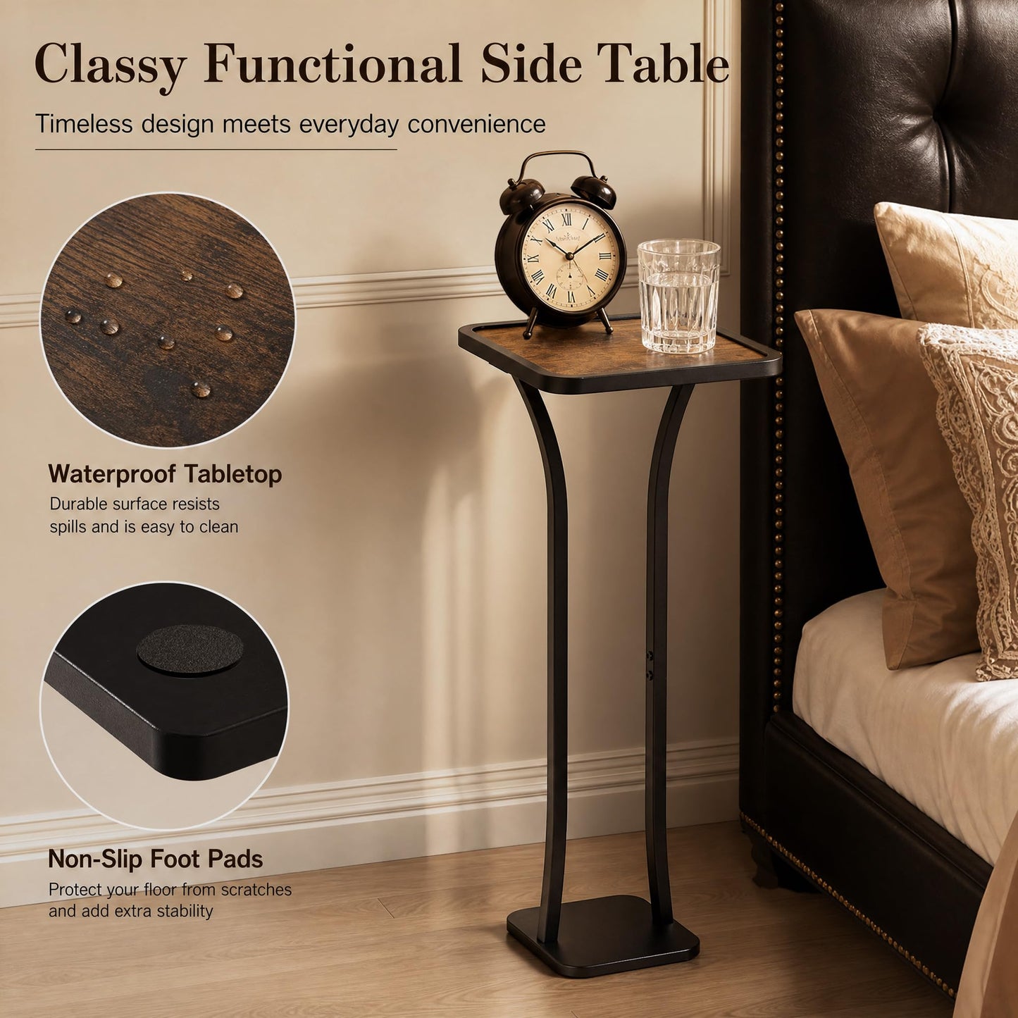 NANAGIFTREE Small Square Side Table, Drink Table with Weighted Base, Solid Wood & Metal Accent Table for Small Spaces, Pedestal End Table for Living Room, Bedroom, Office(Black + Walnut)