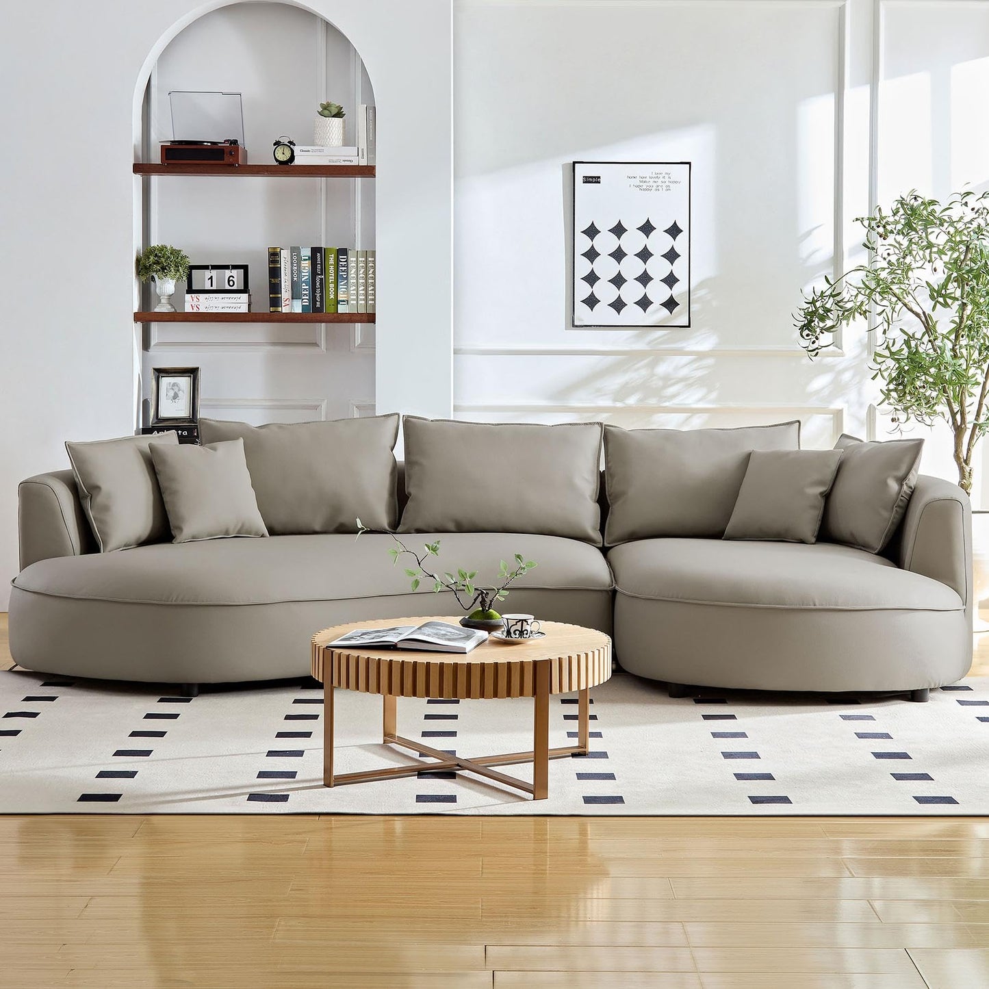 BBTJOINT Modern Curved Sectional for Living Room,Minimalist Design deep seat,Grey Bonded Leather Upholstered,L Shape Round Couch, Modern semicircualr Sofa