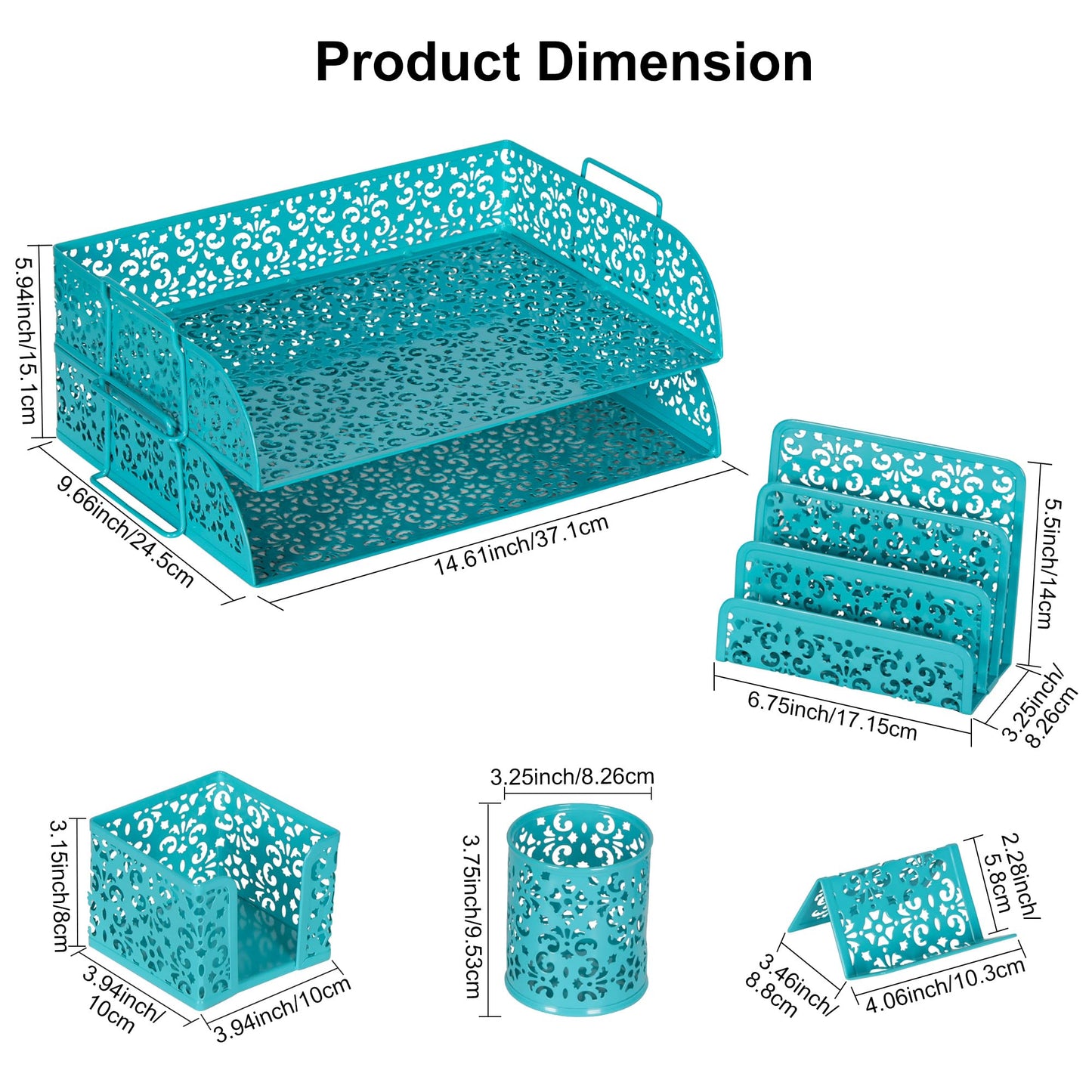 EasyPAG Desk Organizers and Accessories 5 Pieces Office Supplies Set - 2 Tier Paper Tray, Pencil Organizer for Desk, Mail Sorter Countertop, Business Card Holder and Sticky Note Holder, Dark Teal