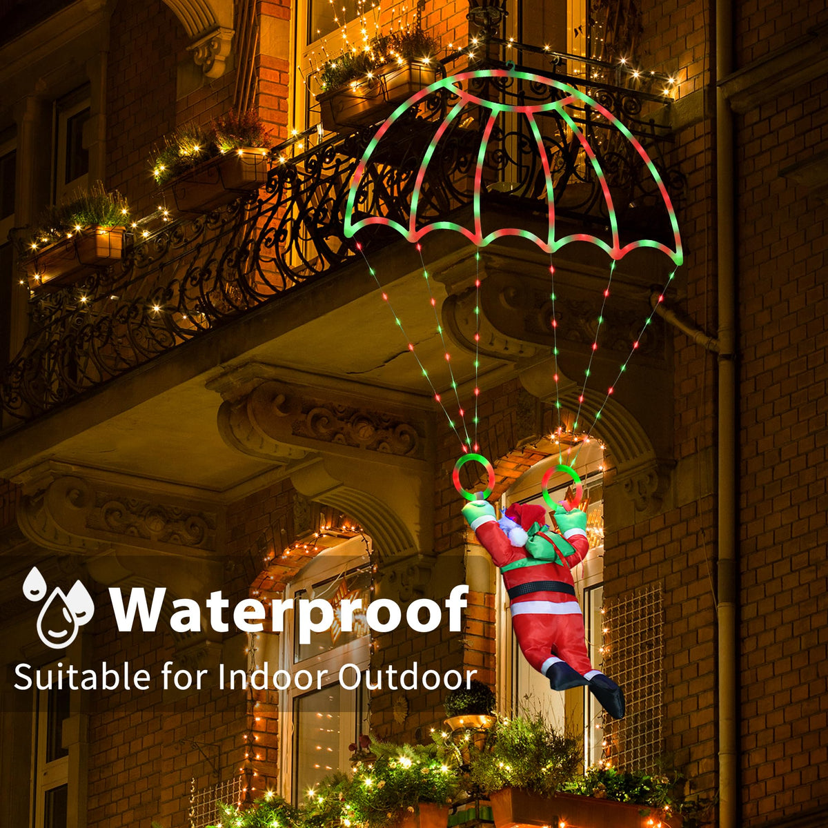 Toodour Christmas Decorations Lights Outdoor, 2.8FT Christmas Parachute Lights with Santa Claus, Waterproof 8 Modes Hanging Red & Green Xmas Light - Holiday Decorative Light for Indoor Eave Roof