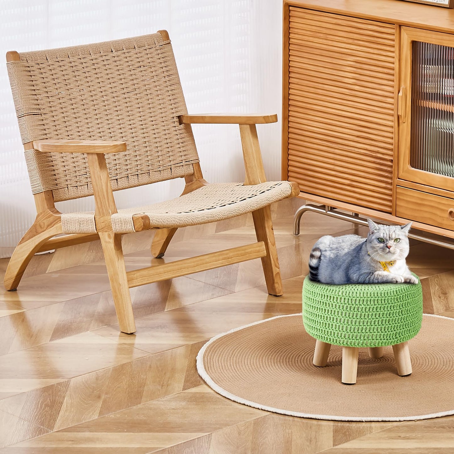 Wimarsbon Pouf Ottoman, 100% Cotton Knitted Boho Footstool, Round Footrest with Non-Skid Wood Legs, Home Décor Handmade Pouffe, Leisure Floor Step Stool for Living Room (Matcha)