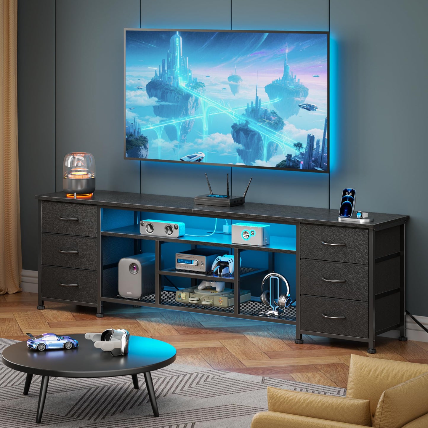Furologee LED TV Stand for 65, 70 Inch TV, 63 Inch Entertainment Center with Power Outlets, 6 Fabric Drawers Dresser for Bedroom, Media Console with Open Shelves, PU Leather Surface, Black