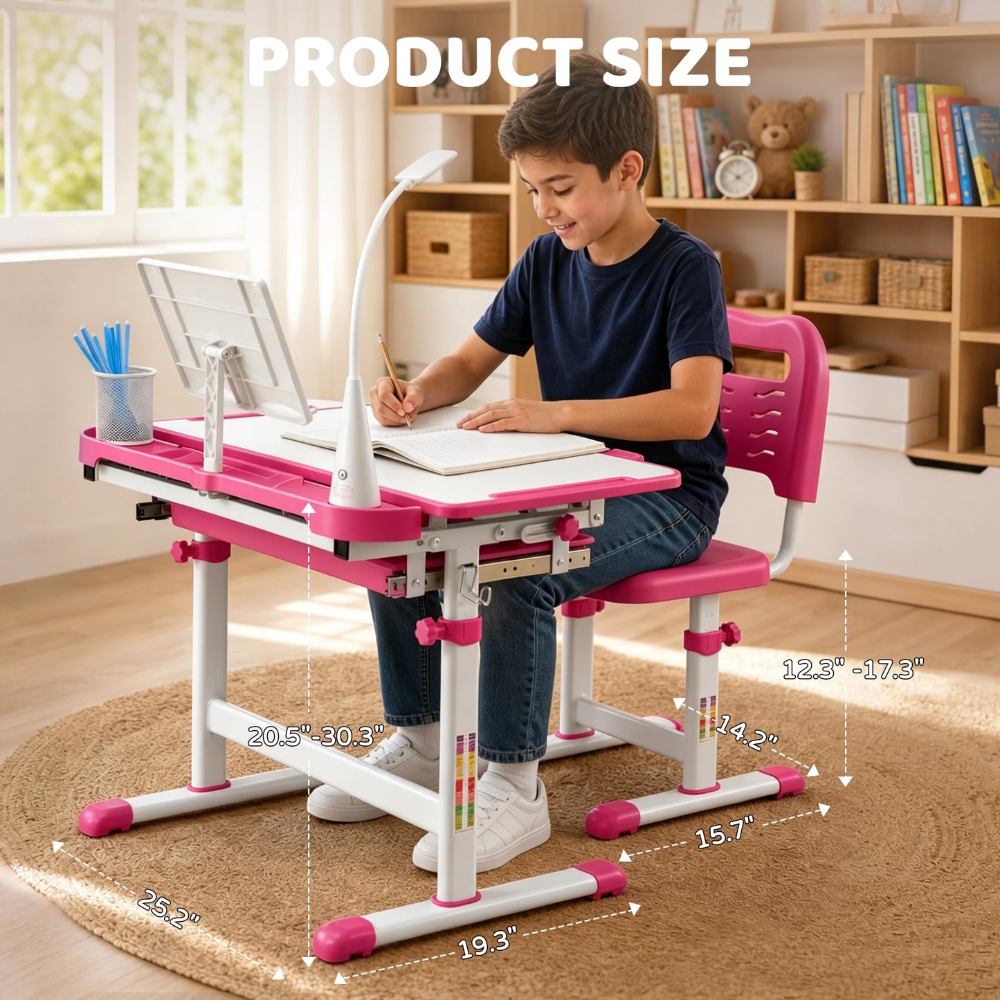 Diroan Kids Functional Desk and Chair Set, Ergonomic Height Adjustable Children School Study Desk with Tilt Desktop, Book Stand, LED Light, Metal Hook and Storage Drawer for Boys Girls(Pink)