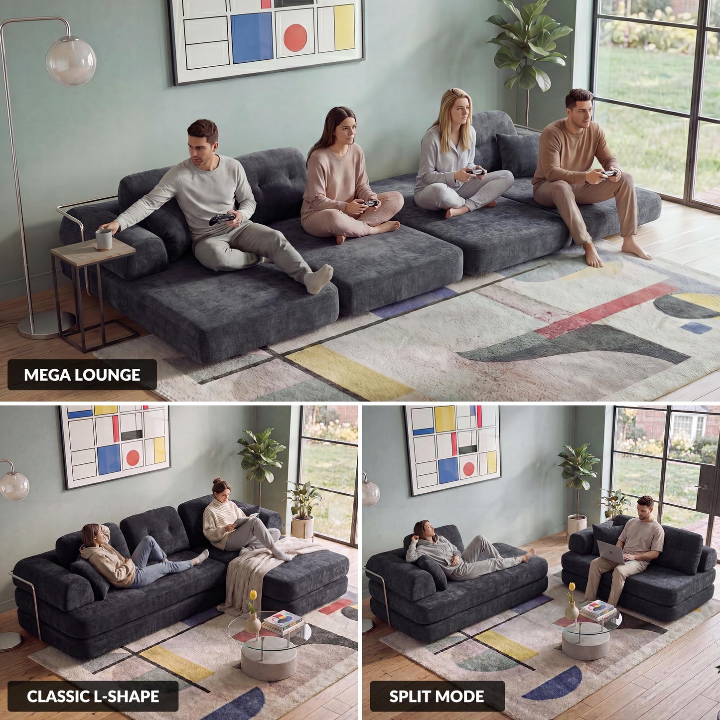 YasuSoofa Boneless Sectional Couch with Chaise, Convertible L-Shape Floor Sleeper with High Headrest, Modular Sofa Bed for Living Room Apartment, No Assembly, Gray