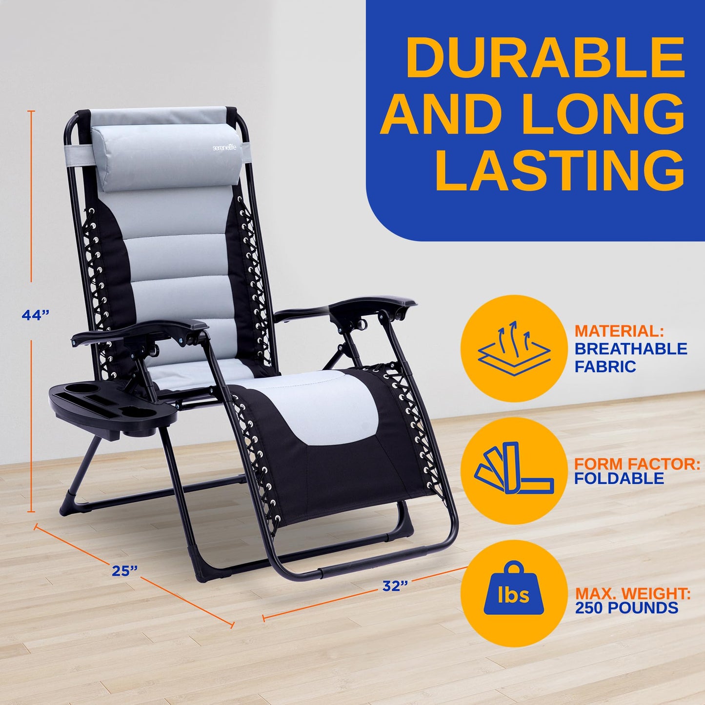 SereneLife Padded Zero Gravity Recliner Chair with Side Table, Gray