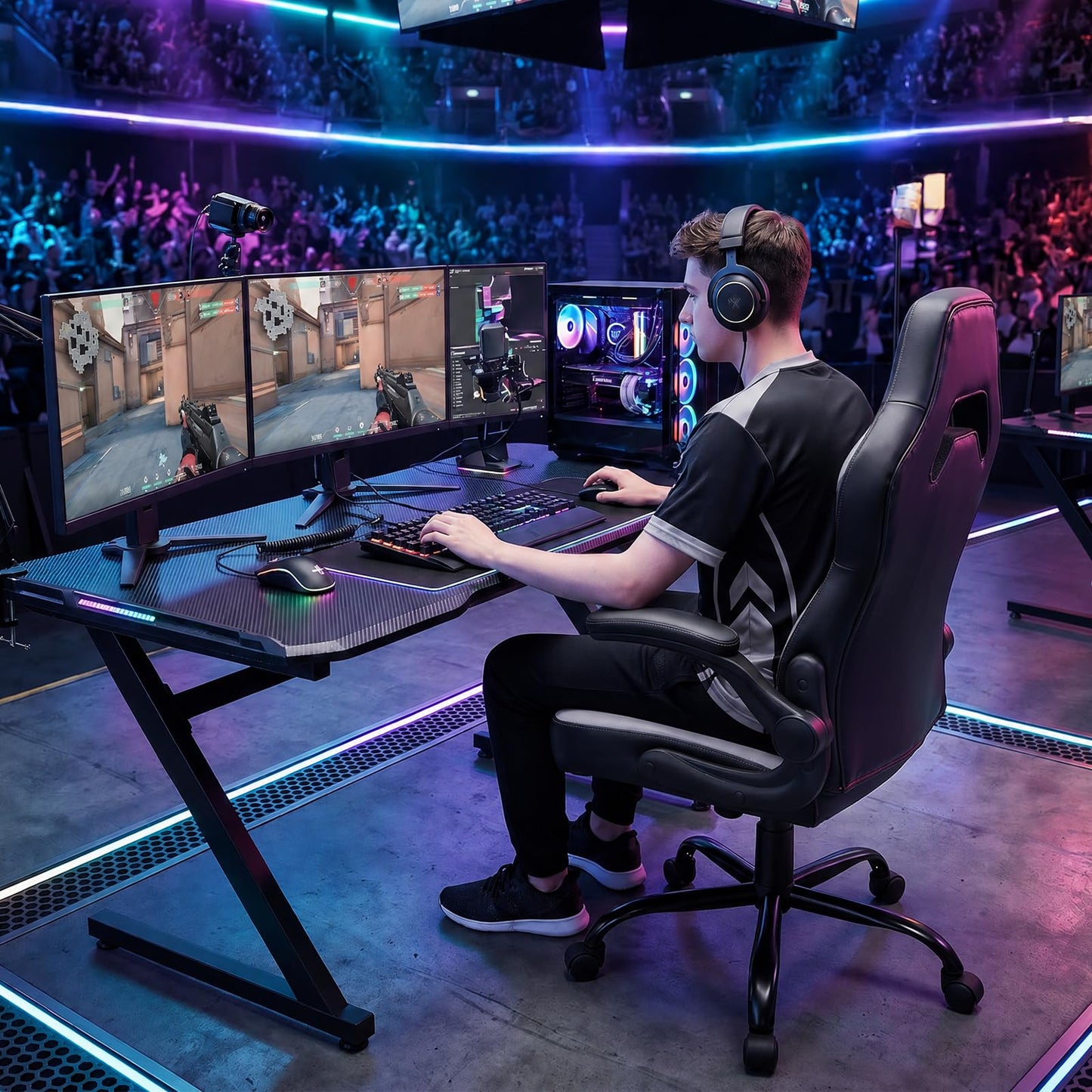Sweetcrispy Computer Video Game Desk Chair - Ergonomic Comfy Lumbar Support, PU Leather with Flip-up Armrest, Height Adjustable and 360° Swivel, for Adults, Black Grey
