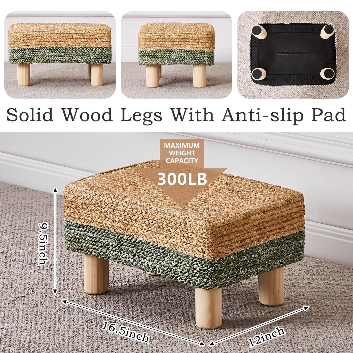 Wimarsbon Natural Seagrass Footstool Ottoman Rectangular Footrest Pouf Ottomans with Wooden Legs Hand Weave Step Stool for Living Room Bedroom Entryway Green