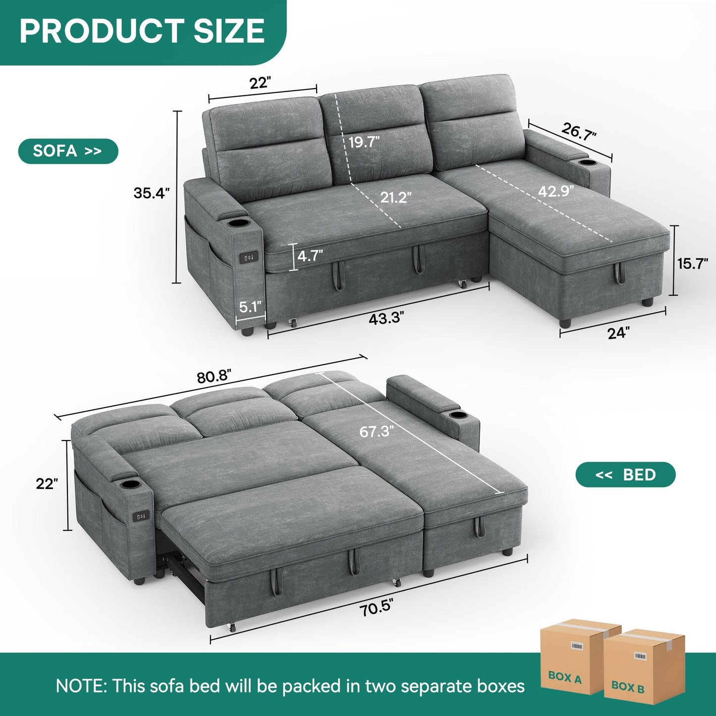 YITAHOME Sectional Sleeper Sofa with Pull Out Couch Bed, 81" Convertible Sleeper Sofa with Adjustable Backrest, Sofa Bed Sleeper Couch with Armrest & USB Port, Grey