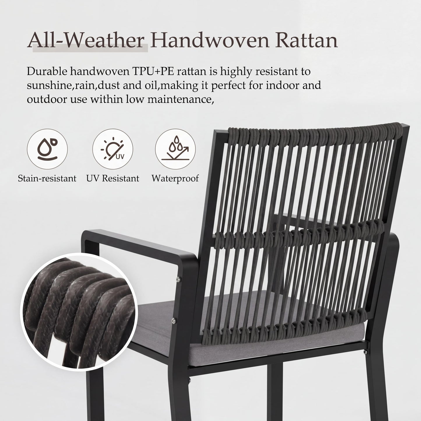 Coreporch Outdoor Patio Dining Chair, All-Weather Woven Rope Outdoor Chairs Set of 2, Sturdy Iron Frame, 400 lbs, Ergonomic Backrest, Removable Breathable Cushion, for Patio & Garden, Black