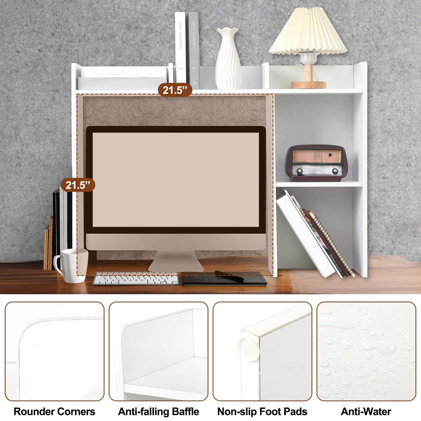 Briwooody Dorm Desk Bookshelf Desk Hutch Organizer with 5 Shelves and 3 Tier Desktop Hutch Storage Organizer for College Dorm Home Office Supply, 32.5 x 23.5 x 8 Inch(White)
