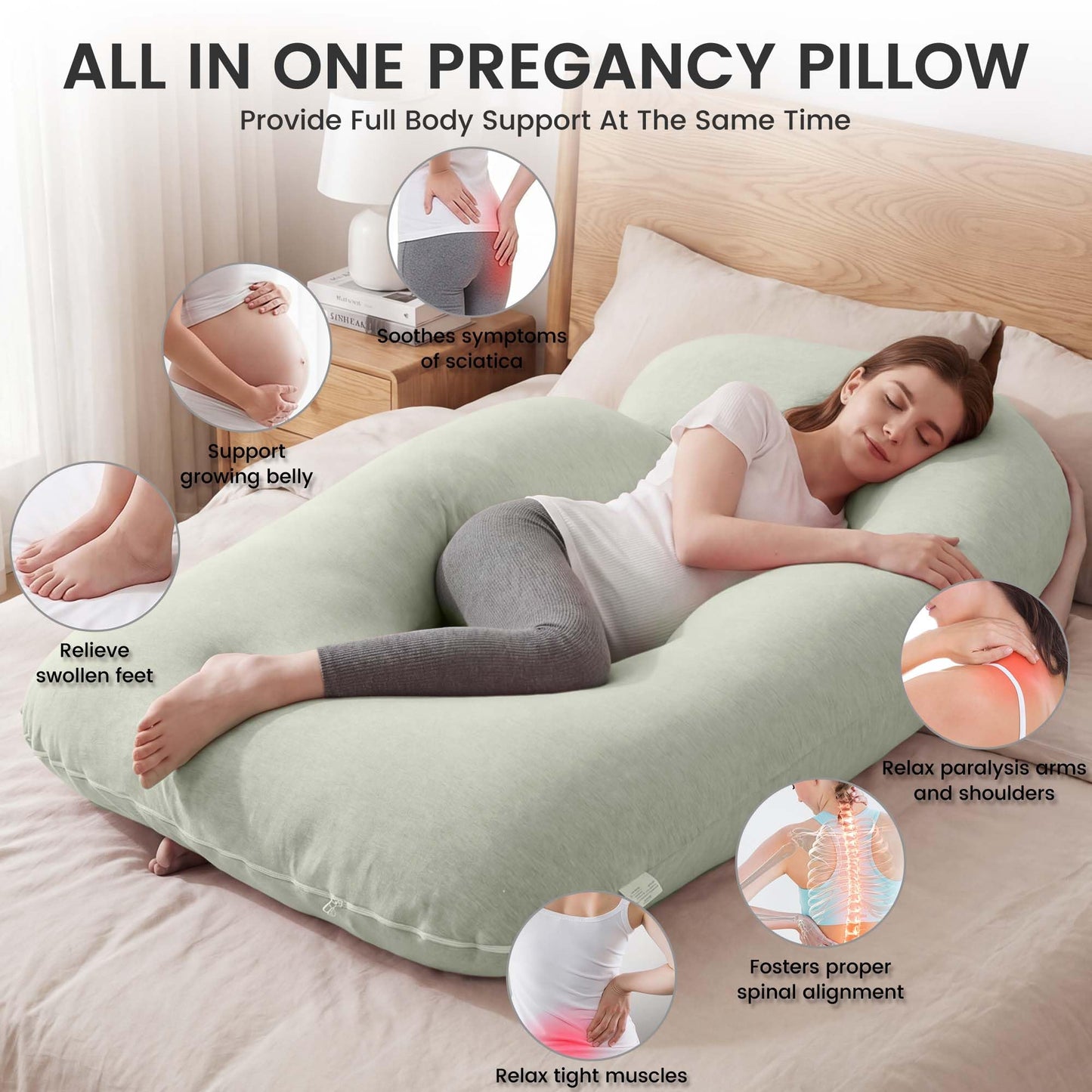 Jcickt Pregnancy Pillow for Sleeping,59 inch Maternity Pillow with Removable Washable Cover,J-Shaped Cooling Full Body Pregnant Pillow -Support for Backs,Legs, Belly, HIPS, Improve Sleep -Pea Green