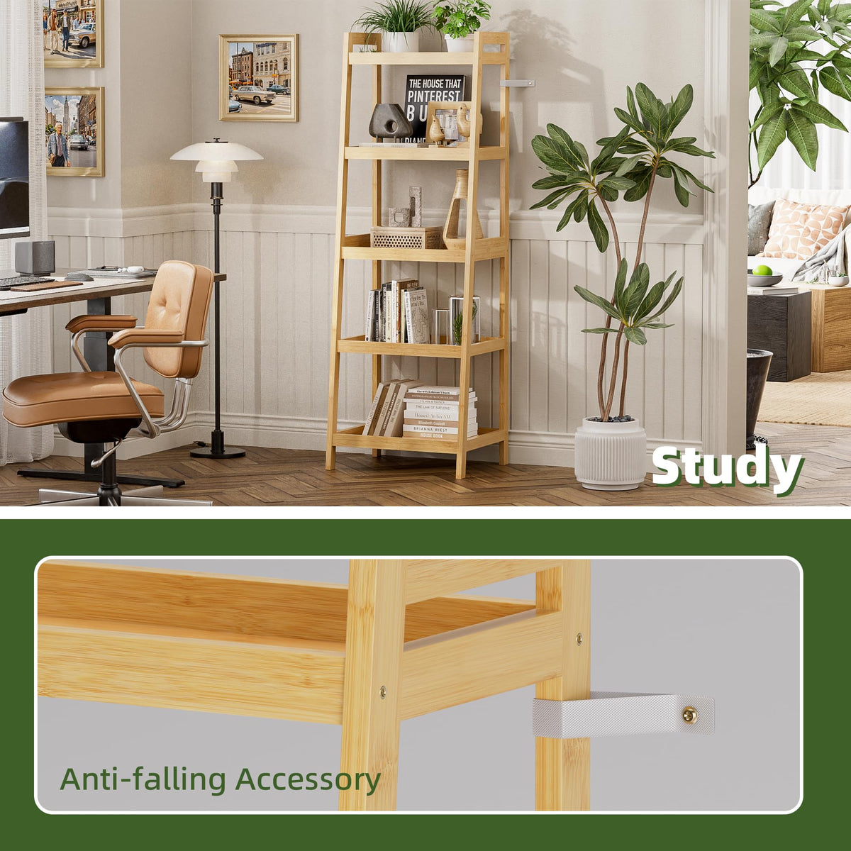 vovala Bookshelf, 5 Tier Ladder Bookcase with Bamboo Frame, Freestanding Tall Narrow Display Plant Shelf for Living Room, Kitchen, Bedroom, Balcony, Natural