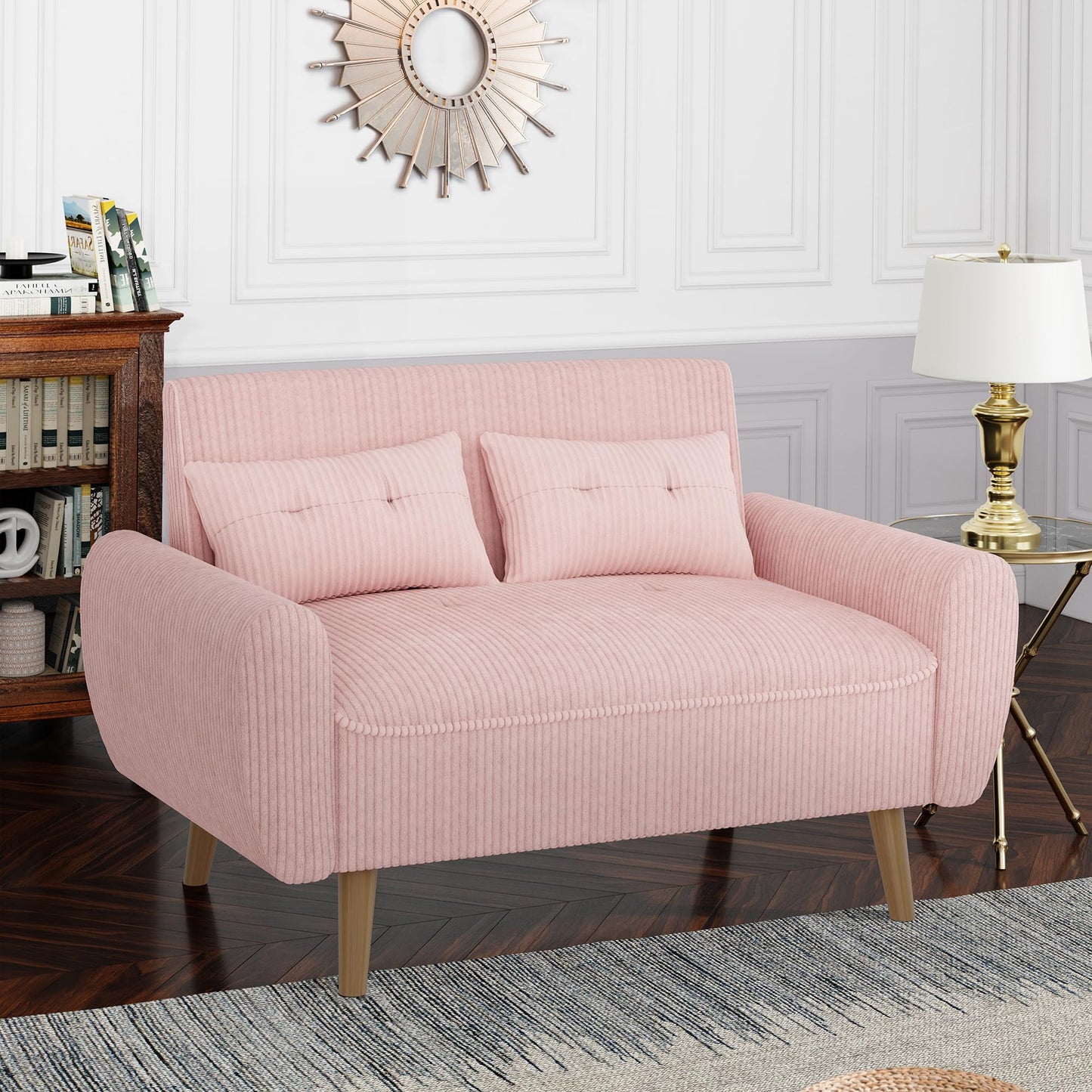 Shintenchi 48'' Loveseat Sofa, Mid-Century Modern Upholstered Couch Deep Seat with 2 Pillows, 10" Thick Cushion with Spring, Solid Wood Frame Small Couch for Living Room, Bedroom, Dorms & Office, Pink