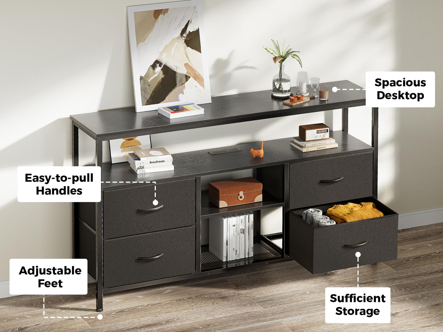 Huuger 47 Inch TV Stand Dresser with Power Outlets and LED Lights, Fabric Dresser for Bedroom with Storage, 4 Drawers Entertainment Center with Open Shelf, Media Console for 55 50 Inch TV, Black