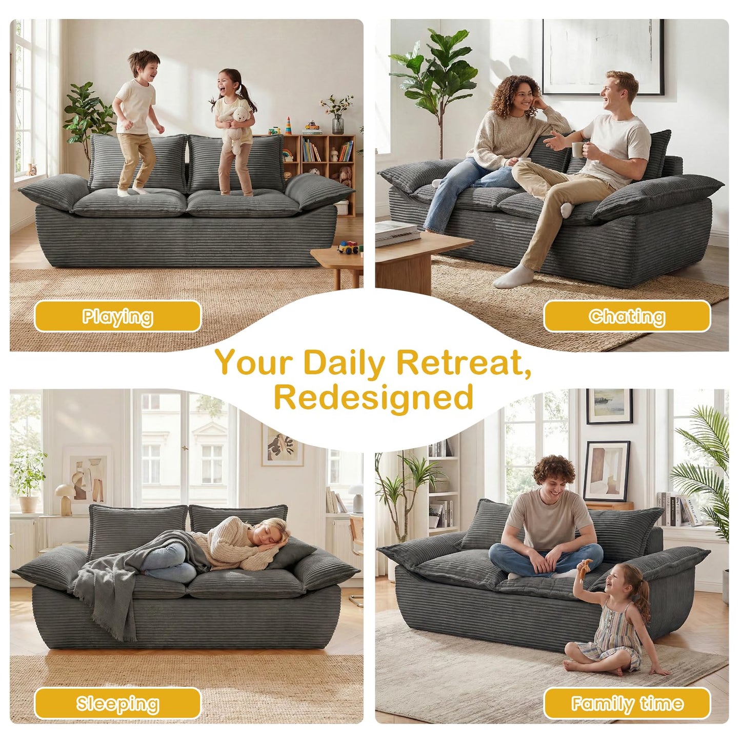 AOLVDOW Boneless Loveseat 56", 2-Seater Gray Boneless Sofa with Removable Cushions & 2 Pillows, Small Boneless Couch Compress Foam Sofa for Living Room, Apartments, & Office