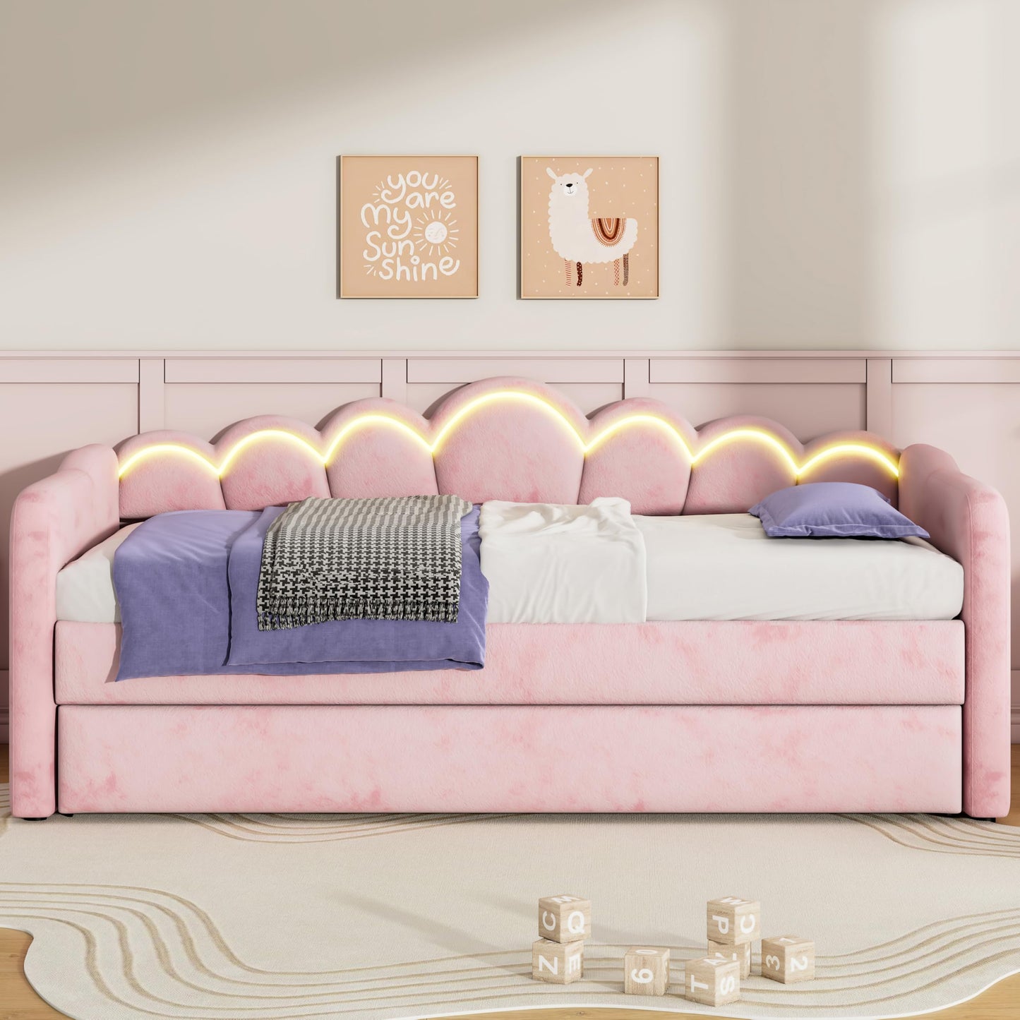QVUUOU Upholstered Twin XL Daybed with LED Light and Trundle, Pink - Cozy Comfort with Pull-Out Guest Bed