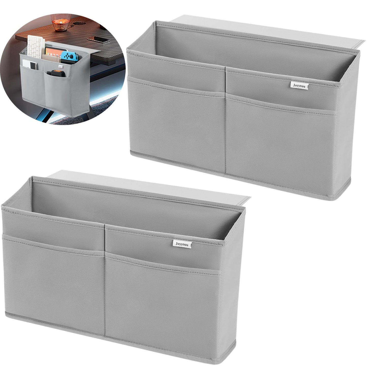 JOYYTUU 2 Pack Desk Side Hanging Organizer, Adhesive Storage Bag with Pockets for Magazine Ipad Notebook, for End Tables Home Office Desks Computer Workstations Dressing Table, Grey