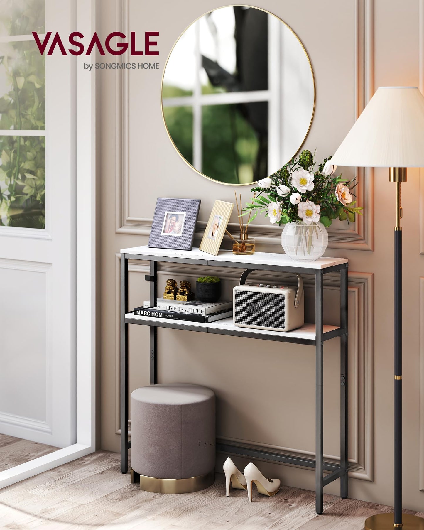 VASAGLE Console Table, 2-Tier Narrow Sofa Table with 2 Shelves, 7.9 x 31.5 x 31.5 Inches, for Living Room, Hallway, Entryway, Marble White and Ink Black ULNT130W59V1