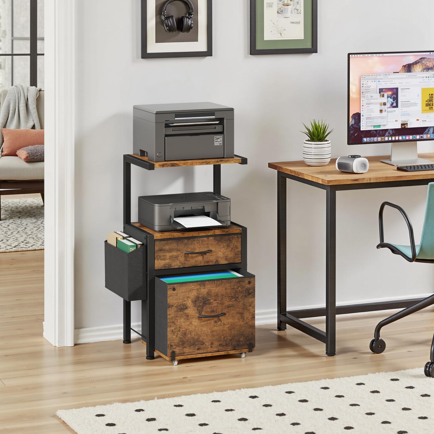 HIGDBFE File Cabinet with 2-Tier Shelf, Letter Size Drawer Filing Cabinet with Reversible Side Bag, Vertical Office Cabinet Printer Stand with Storage for Home Office, Rustic Brown, 16.5" W