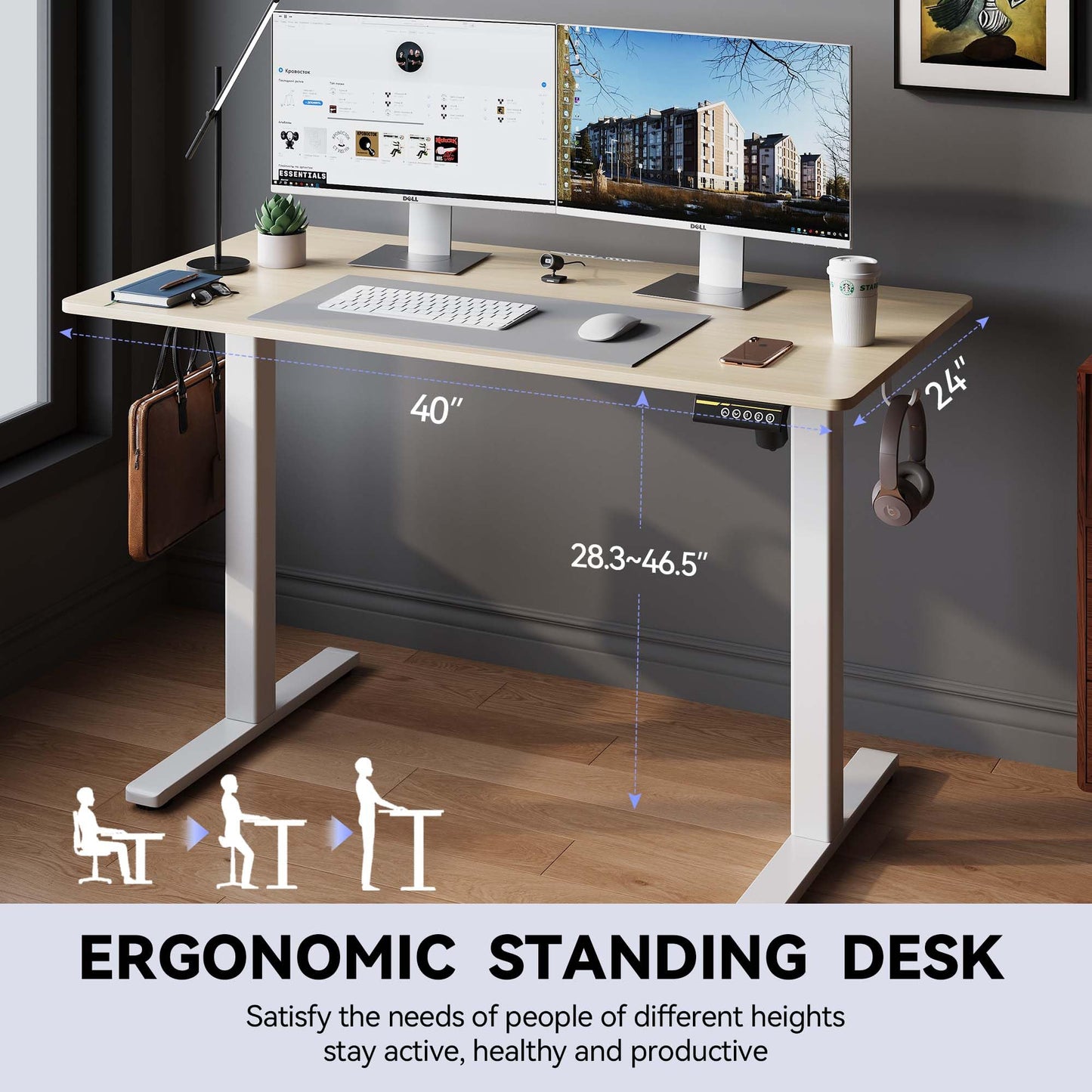 Gamork Electric Standing Desk,40x24 Inches Adjustable Height Stand up Desk, Sit Stand Home Office Desk with Splice Board, 3 Preset Heights,Equipped with Hooks,Ergonomic Computer Workstation，Nature