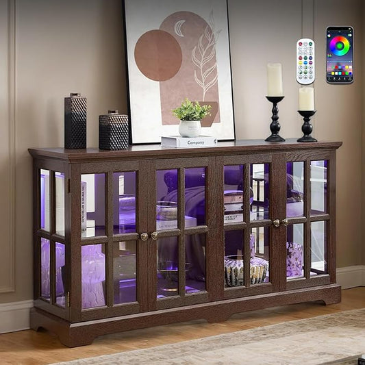 59" W LED Curio Cabinet with 7 Color Lights, Vintage Glass Display Case with