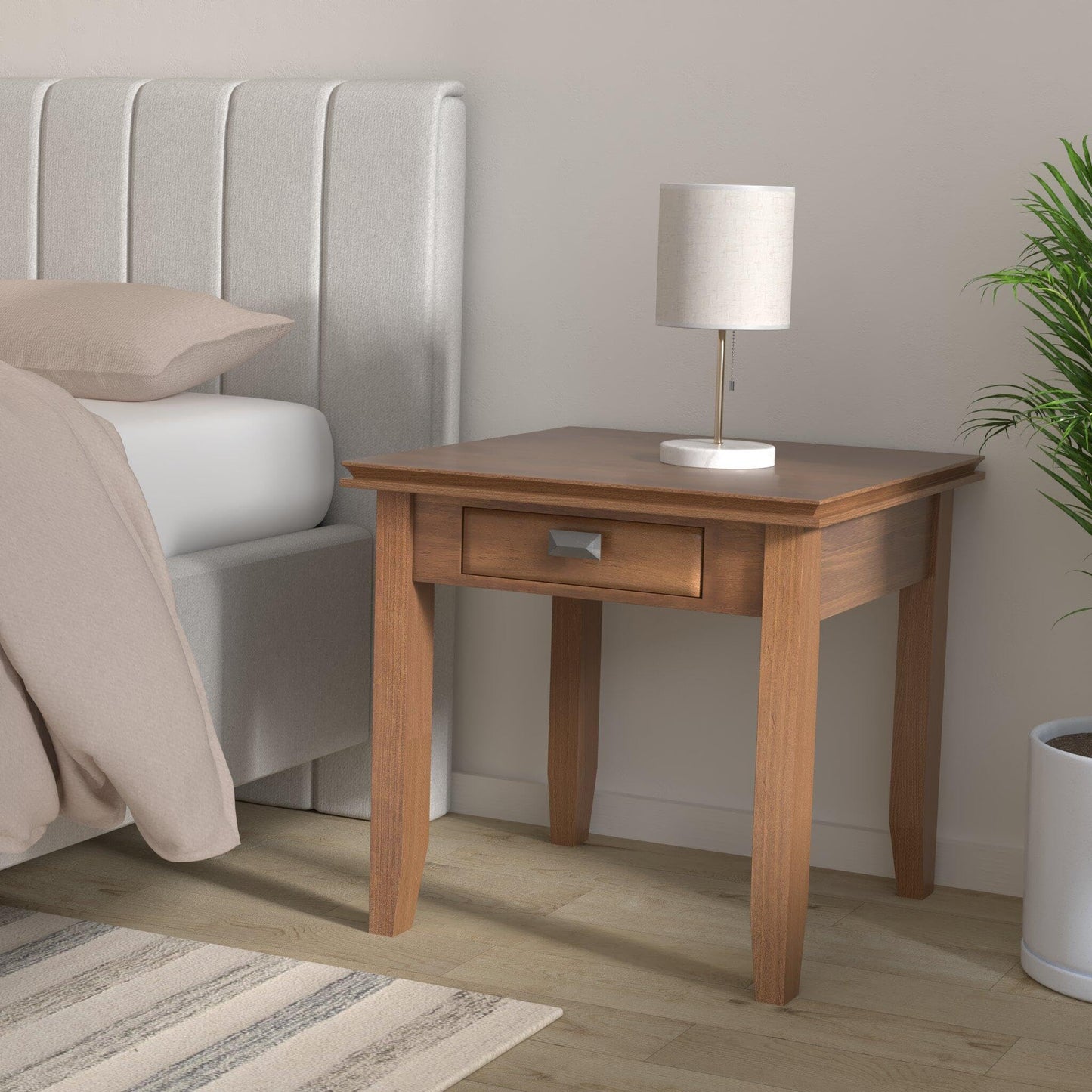 SIMPLIHOME Artisan End Table - 21 inch Wide Solid Wood Square Side Table with Drawer in Honey Brown, Transitional Nightstand or Lamp Stand for Living Room, Bedroom, or Entryway with Tapered Legs