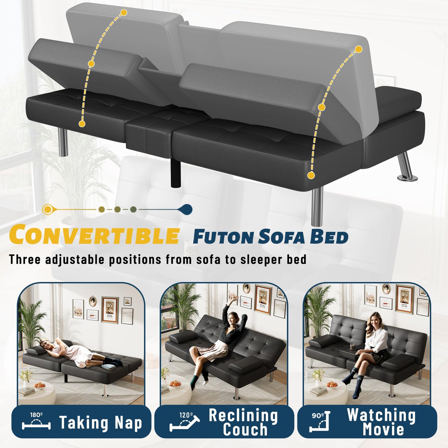 Furmax Futon Sofa Bed Adjustable Futon Couch Sleeper Sofa Bed for Living Room, Business Office, Recliner Sofas with Cup Holders (PU Leather, Black)