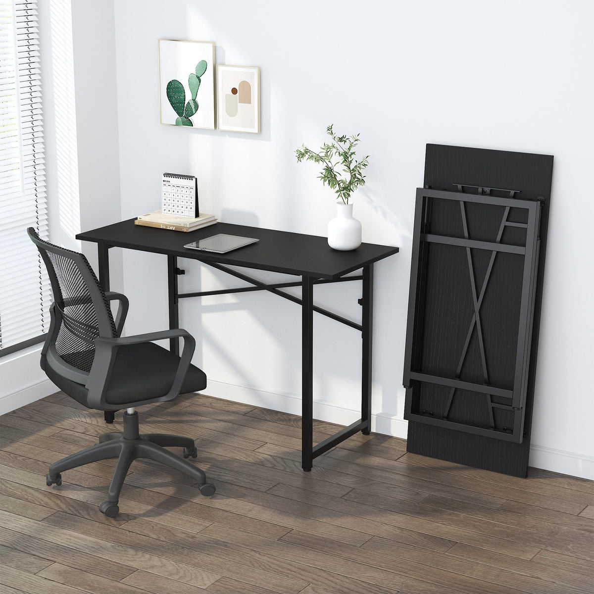 Lutown-Teen Folding Computer Desk 47 inch Writing Gaming Computer Camping Table, No Assembly Required Home Office Desk, Black