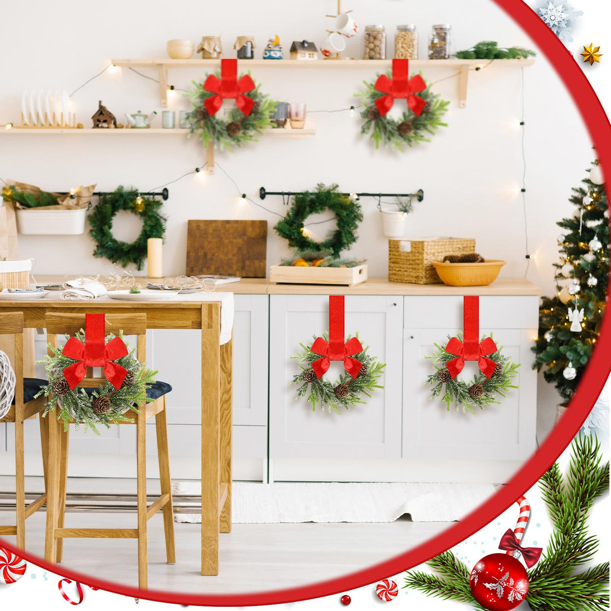Dingion 6 Pcs 6 Inch Christmas Mini Cabinet Wreaths for Kitchen with Ribbon Bows Norfolk Pine Small Window Wreaths Garland for Door Window Farmhouse Christmas Party Decorations