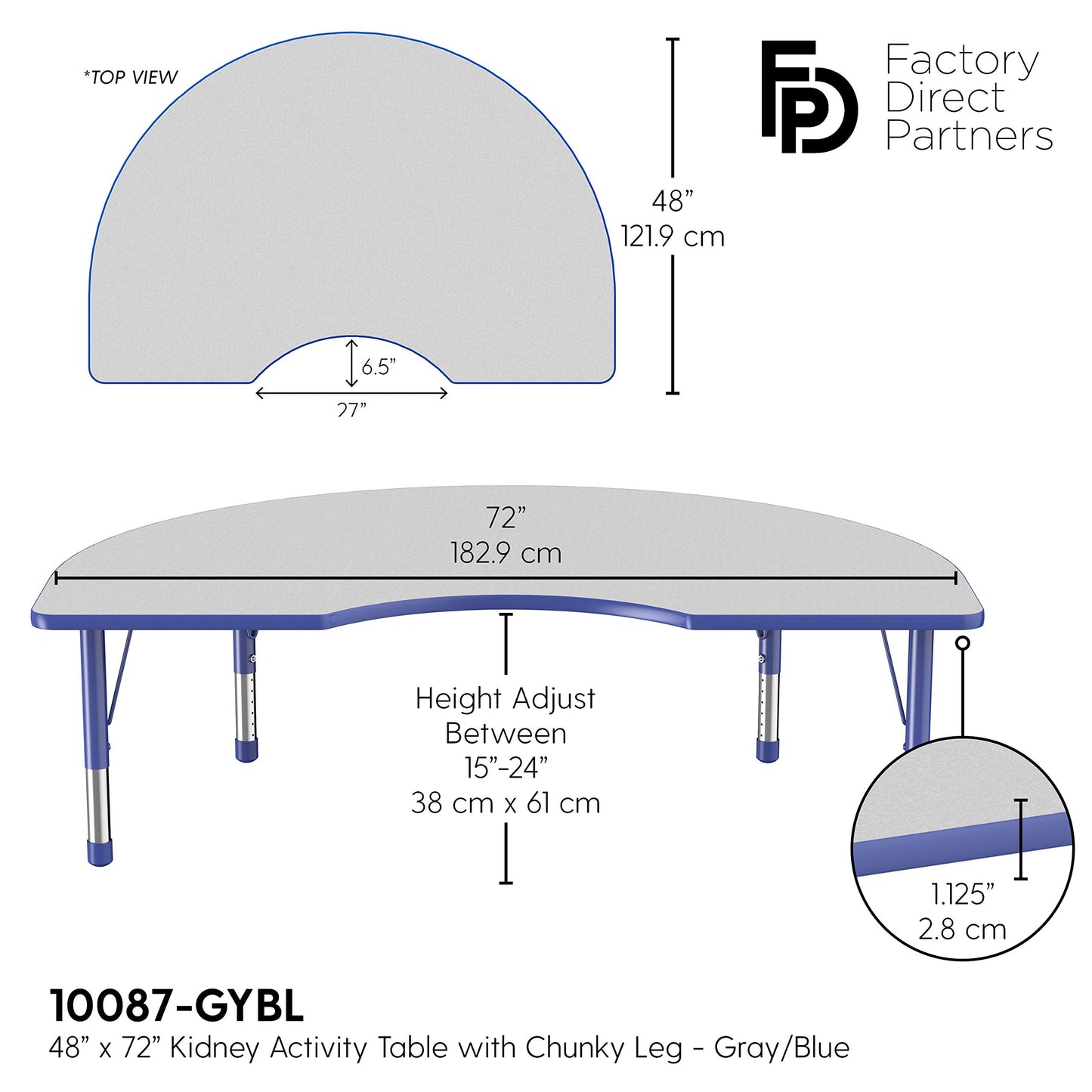 FDP Kidney Activity School and Classroom Kids Table (48 x 72 inch), Chunky Toddler Legs for Collaborative Seating Environments, Adjustable Height 15-24 inches - Gray Top and Blue Edge