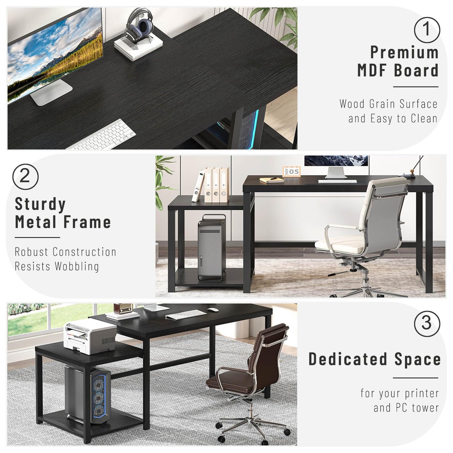 FOLUBAN Large Home Office Desk, Black Computer Desk with Storage Shelves, Modern Wood Writing Study Gaming Table for Bedroom Living Room, 63 Inch