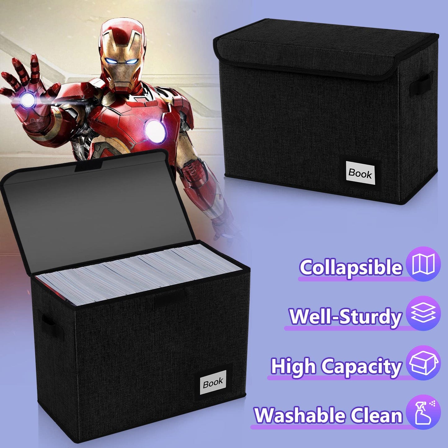 YNSZAS Comic Book Storage Box 15.8" X 7.8" X 11.8", Collapsible Holds 160-180 Comic Book Organizer Heavy Duty Bin Container Holder Shelf (Black)