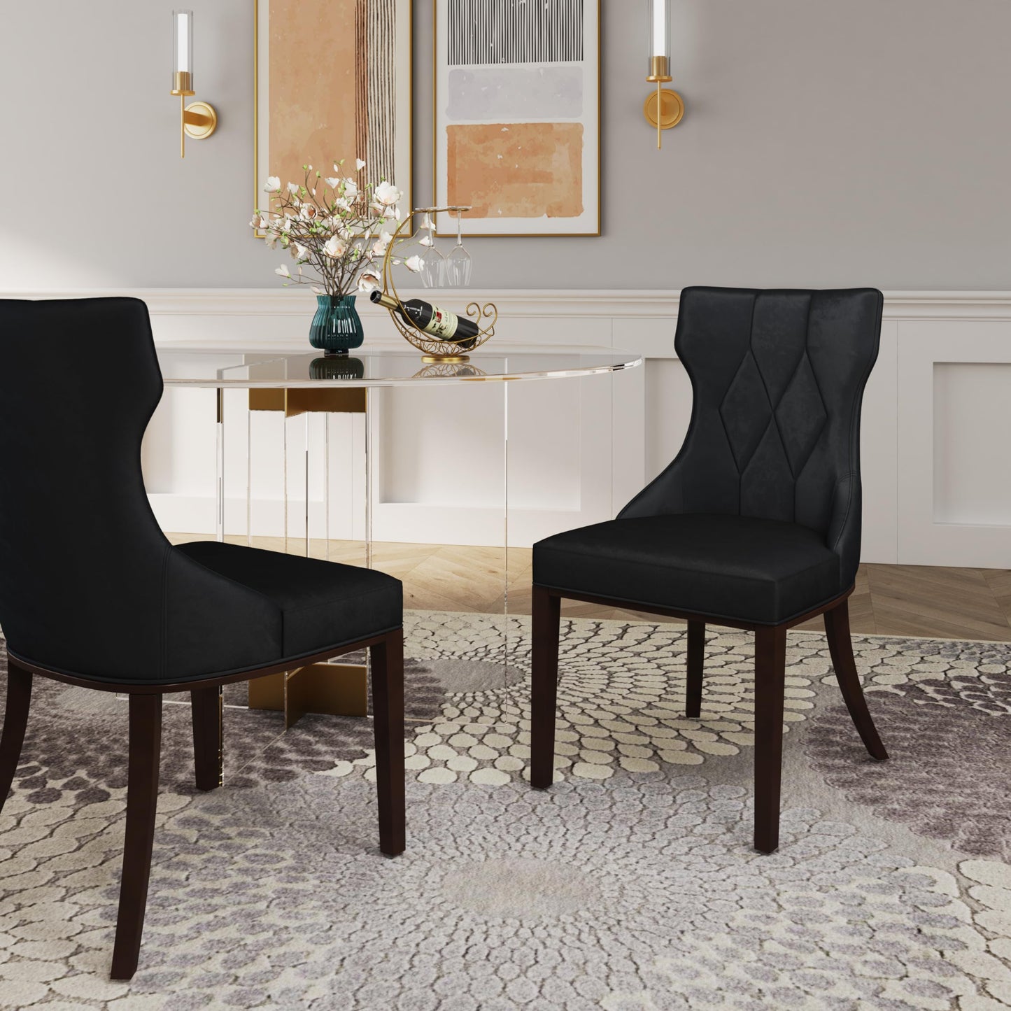 Manhattan Comfort Reine Dining Chairs Set of 2, Upholstered Seats with Diamond Stitching, Solid Beech Wood Frame, 4-Leg Base, 18.5" Seat Height, Fully Assembled, Black