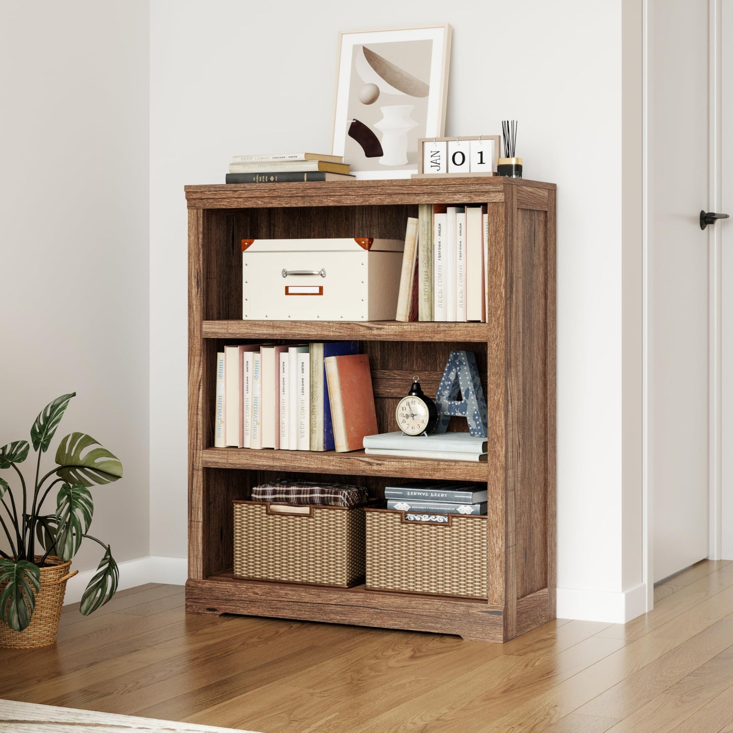 LINSY HOME 3-Tier Bookcase Display Storage Shelves Farmhouse Bookshelf for Home Office, Living Room, Bed Room - Dark Brown