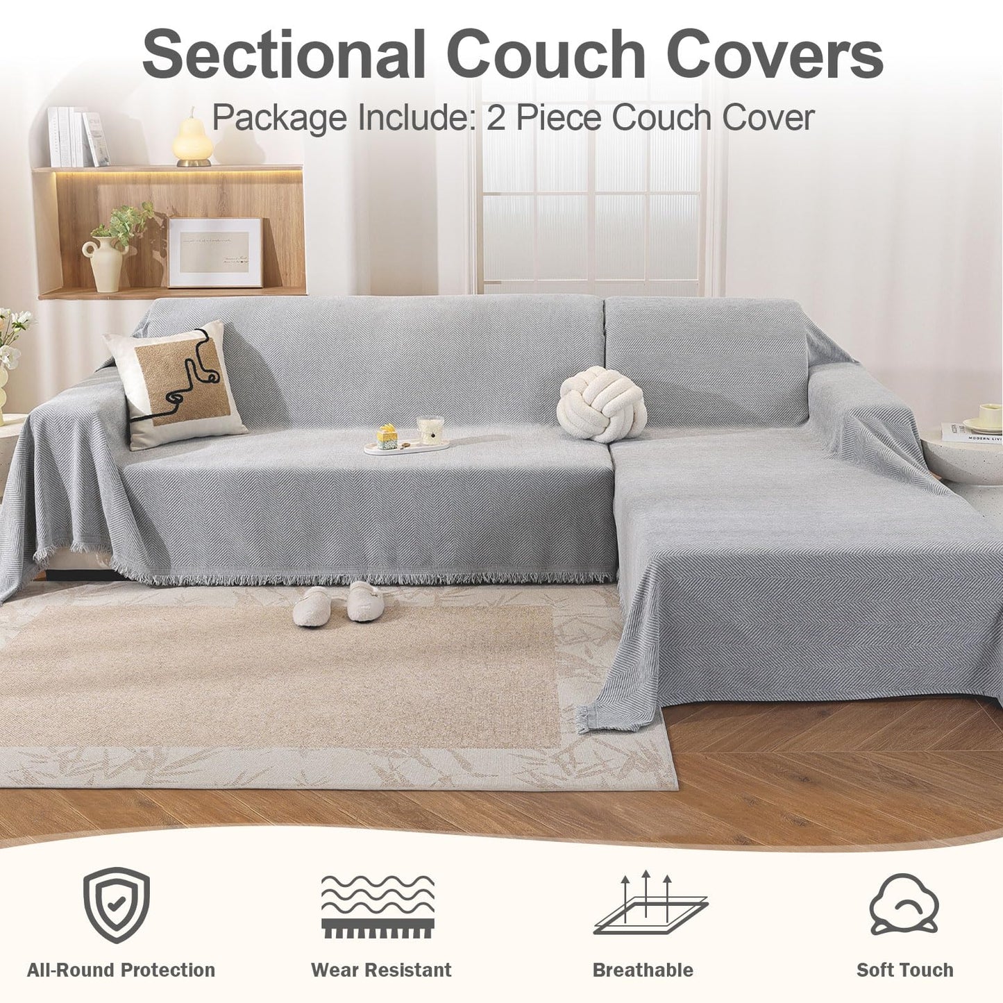 OstepDecor Sectional Couch Covers 2 Pieces, L Shaped Couch Cover Blanket, Sectional Sofa Cover Washable, Chaise Lounge Sofa Slipcovers Pet Furniture Protector for Dogs (71"x118"+91"x134", Light Grey)