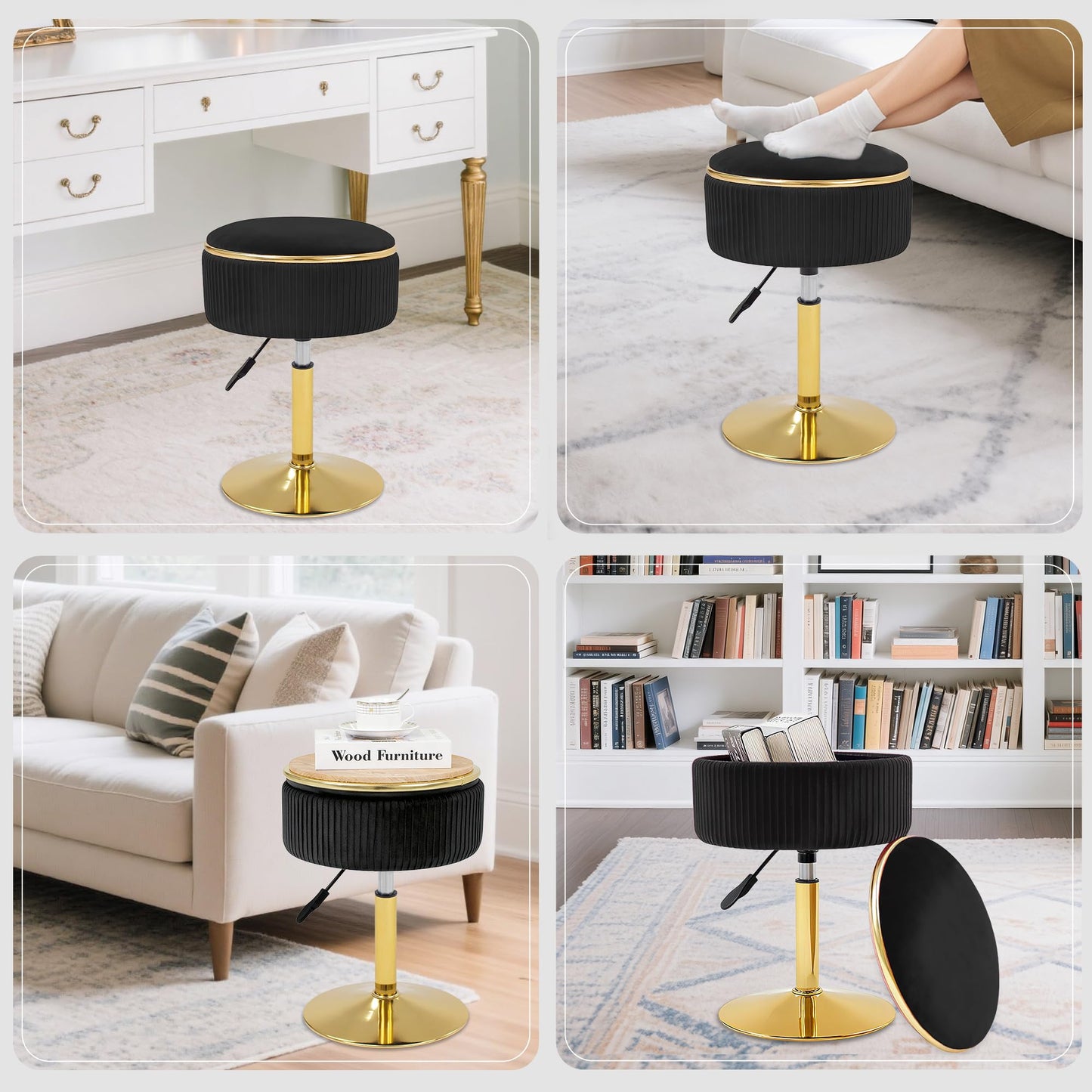 MRITWAII Adjustable Vanity Stool with Storage, 360° Swivel Makeup Stool Chair Small Velvet Round Ottoman with Gold Base for Bedroom (Black)