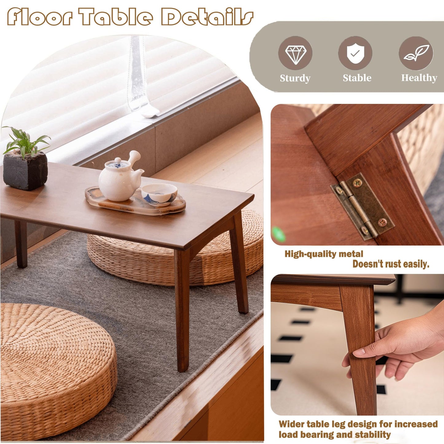 Kuabner Bamboo Folding Coffee Table, Japanese Low Desk, No Assembly Portable Furniture, for Dining Working Studying Relaxing, Walnut, 26 x 16 x 12 Inches