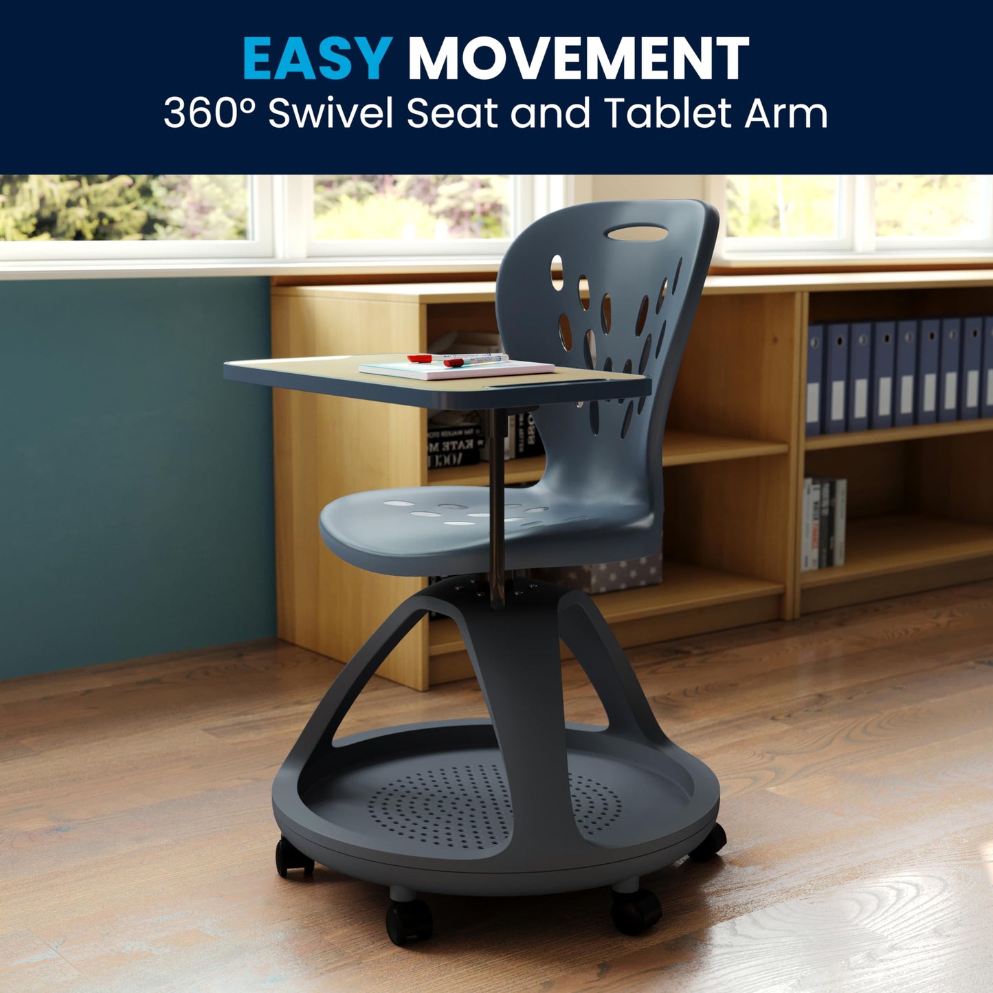 Flash Furniture Laikyn Dark Gray Mobile Desk Chair with 360 Degree Tablet Rotation and Under Seat Storage Cubby